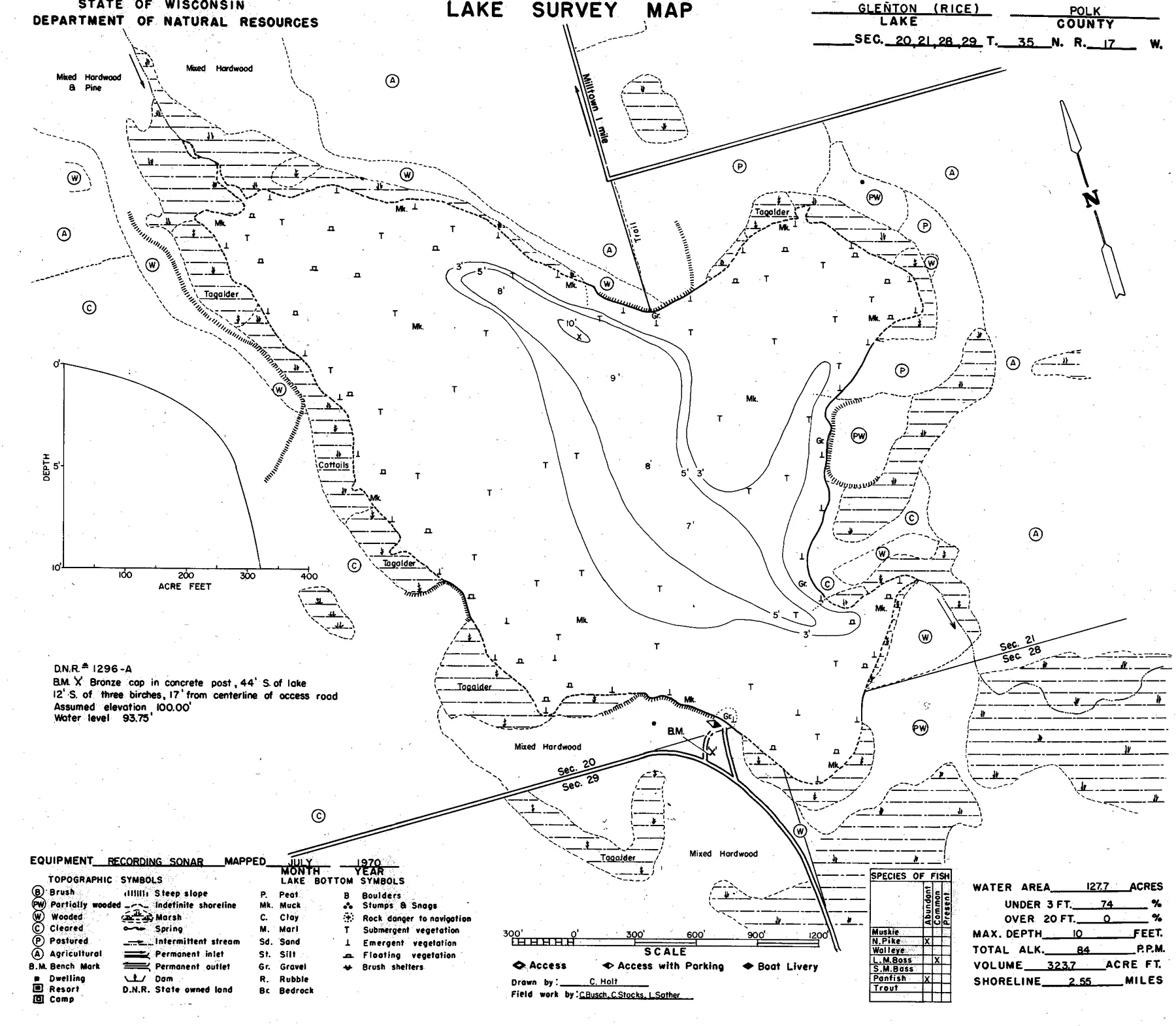Rice Lake historical Wisconsin DNR depth map sheet 1