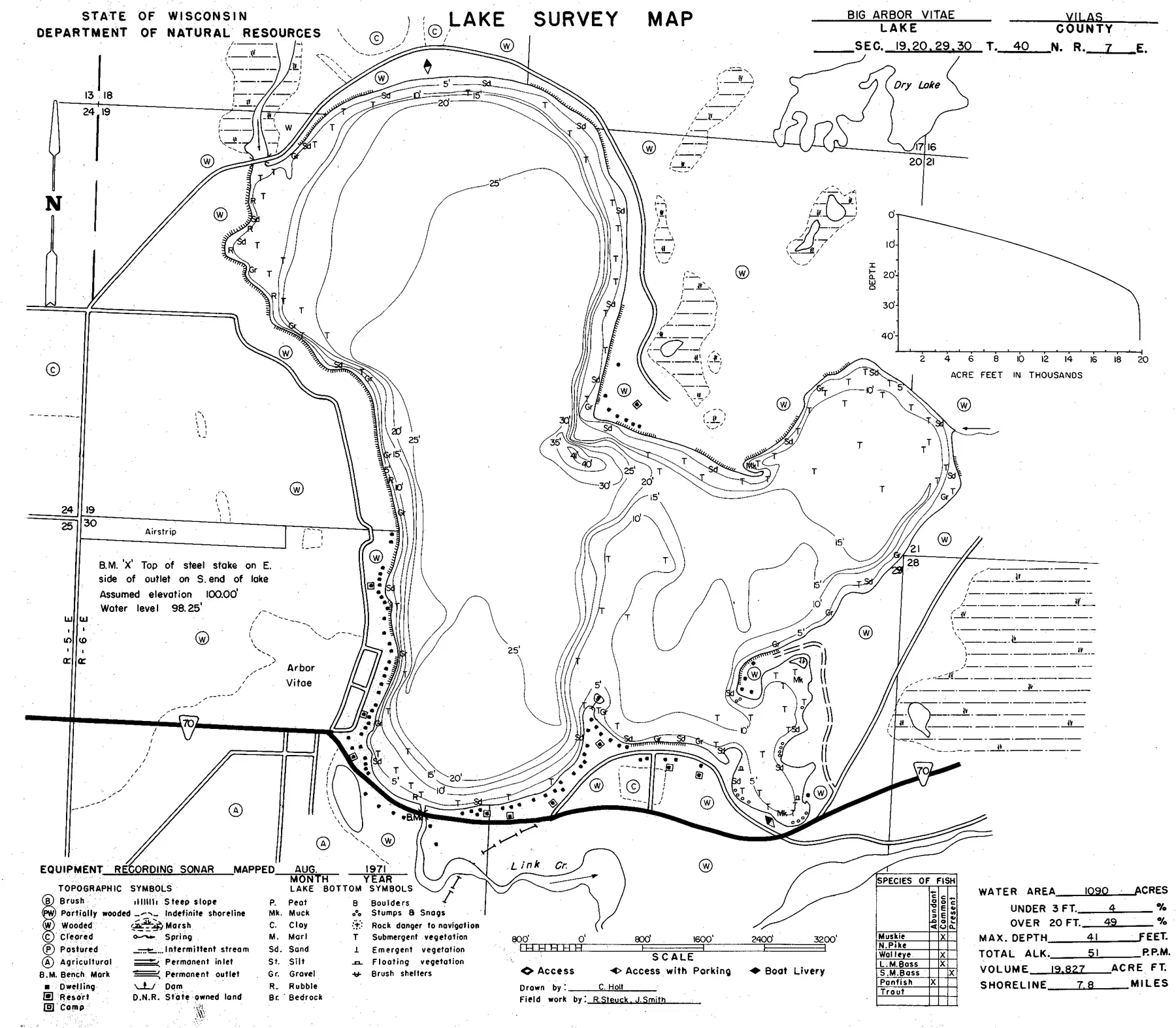 Big Arbor Vitae Lake historical Wisconsin DNR depth map sheet 1
