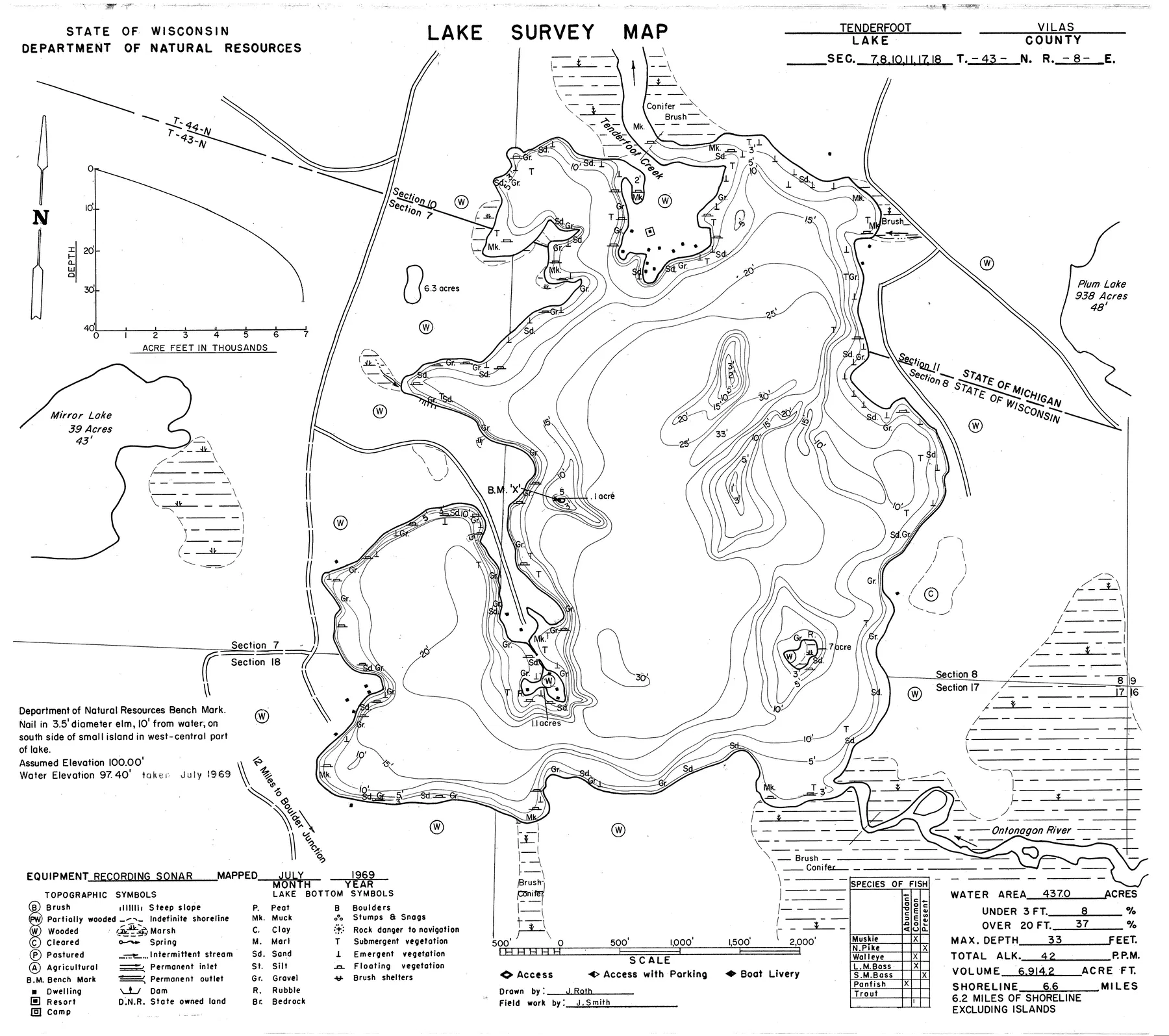 Tenderfoot Lake historical Wisconsin DNR depth map sheet 1