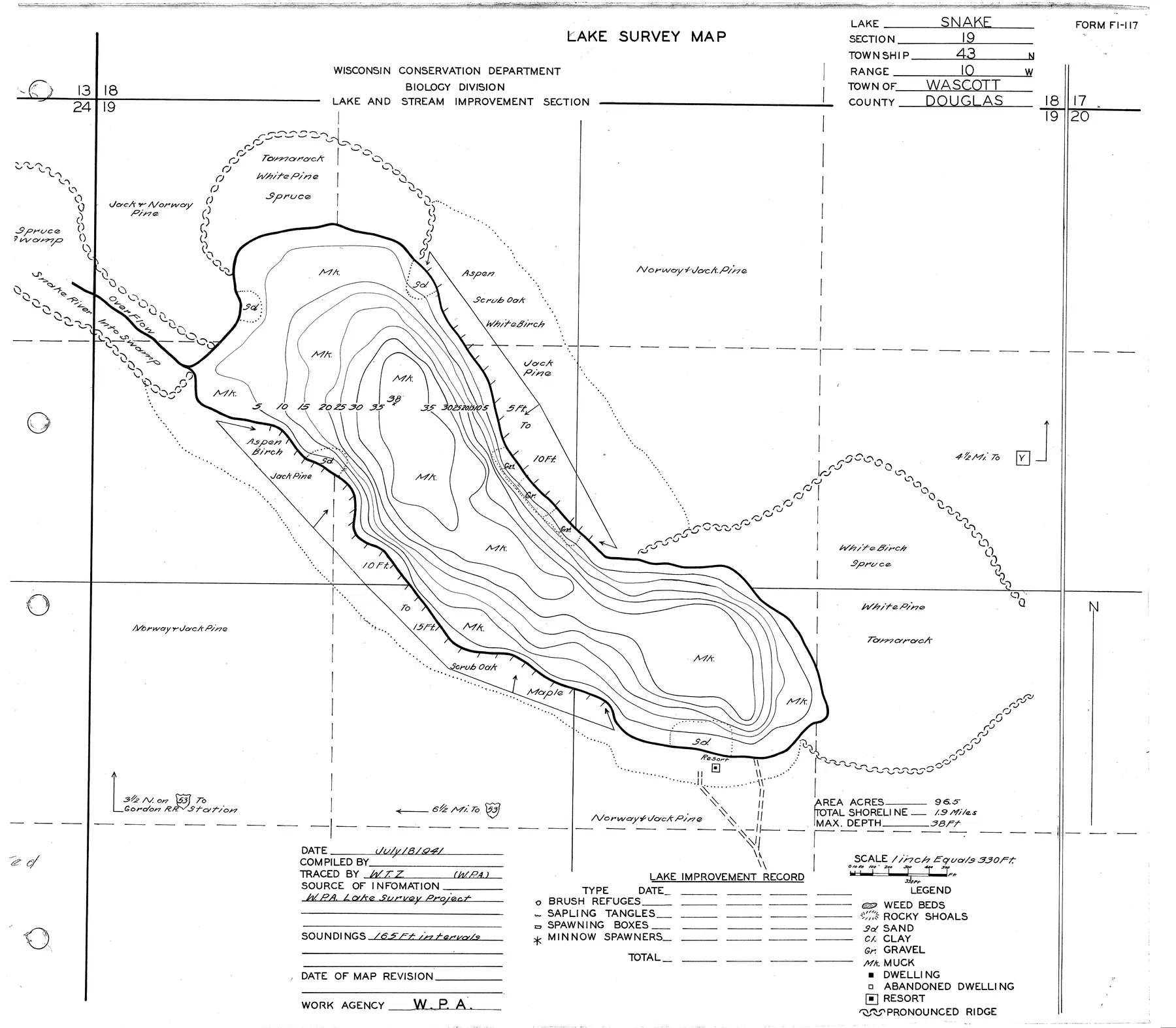 Snake Lake historical Wisconsin DNR depth map sheet 1