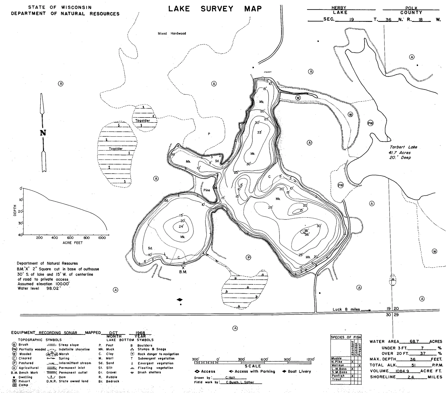 Herby Lake historical Wisconsin DNR depth map sheet 1