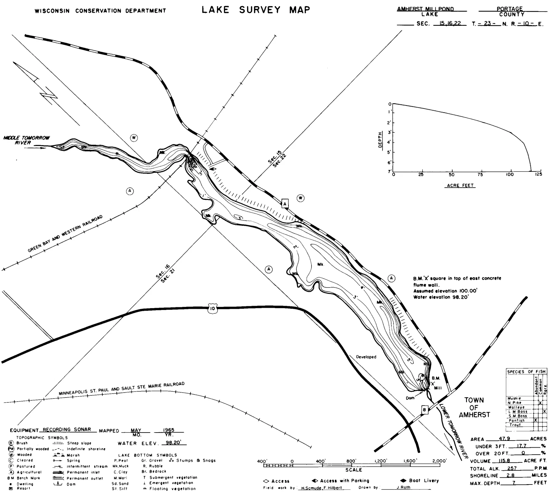Amherst Millpond historical Wisconsin DNR depth map sheet 1