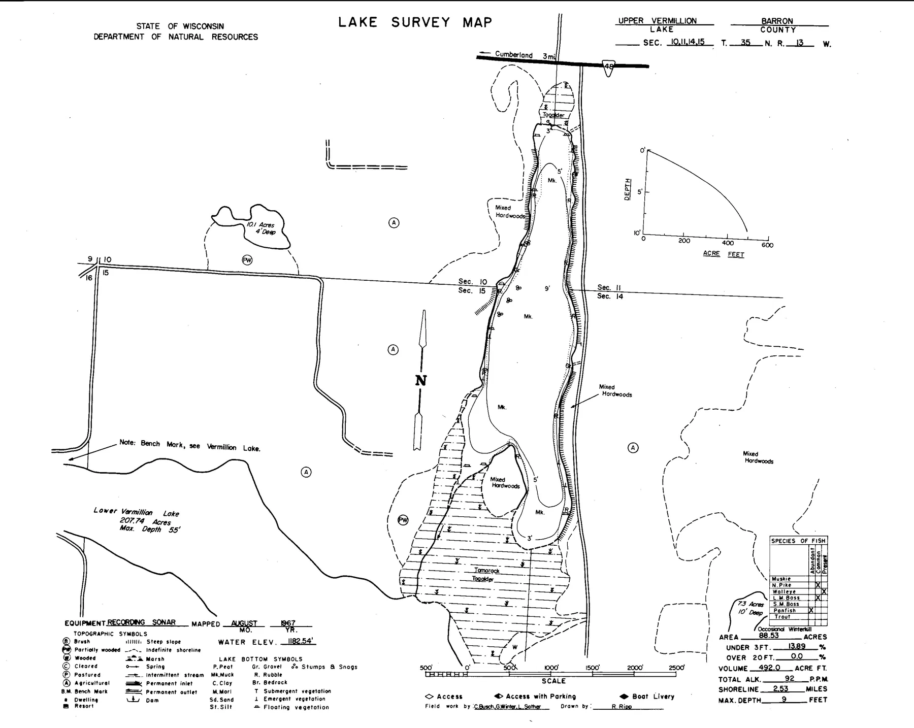 Upper Vermillion Lake historical Wisconsin DNR depth map sheet 1