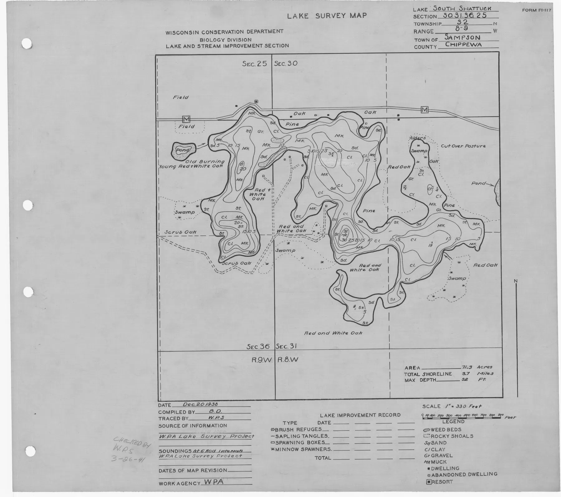 South Shattuck Lake historical Wisconsin DNR depth map sheet 1