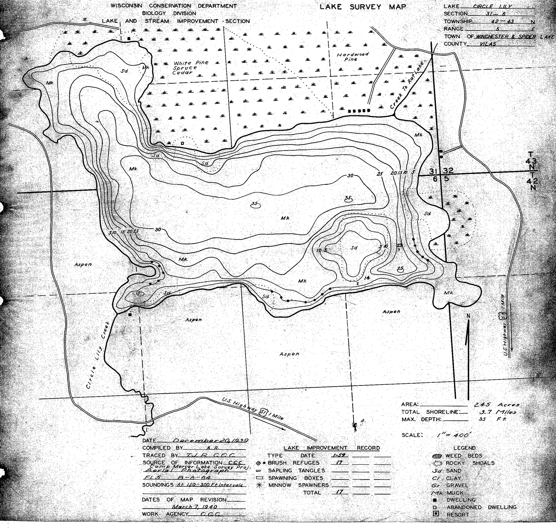 Circle Lily Lake historical Wisconsin DNR depth map sheet 1