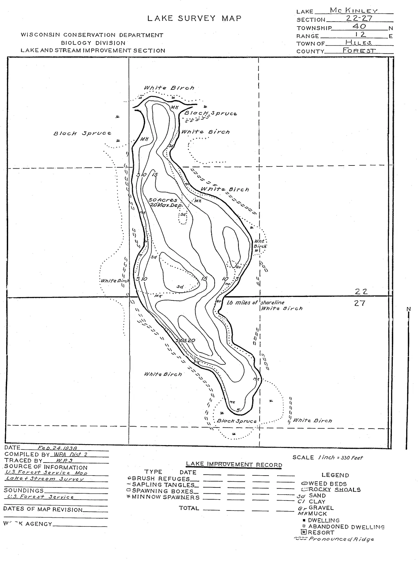 McKinley Lake historical Wisconsin DNR depth map sheet 1