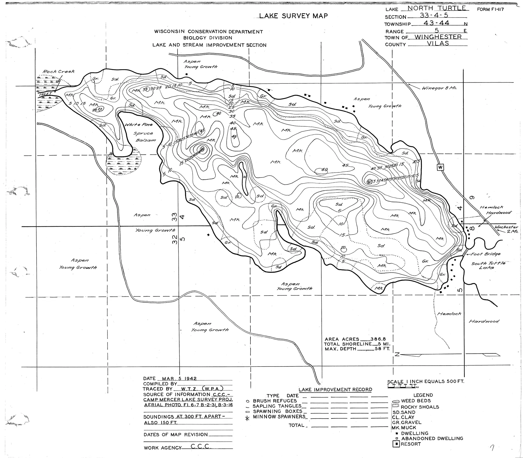 North Turtle Lake historical Wisconsin DNR depth map sheet 1