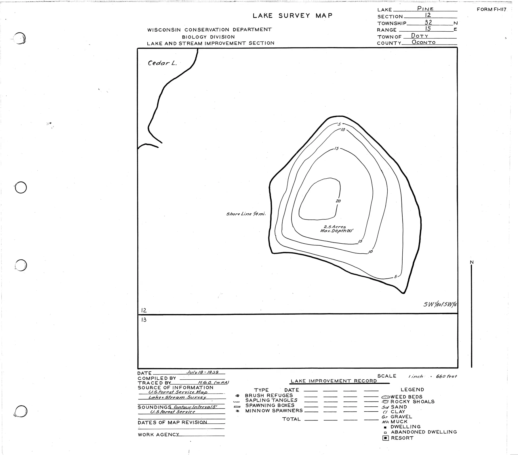 Pine Lake historical Wisconsin DNR depth map sheet 1