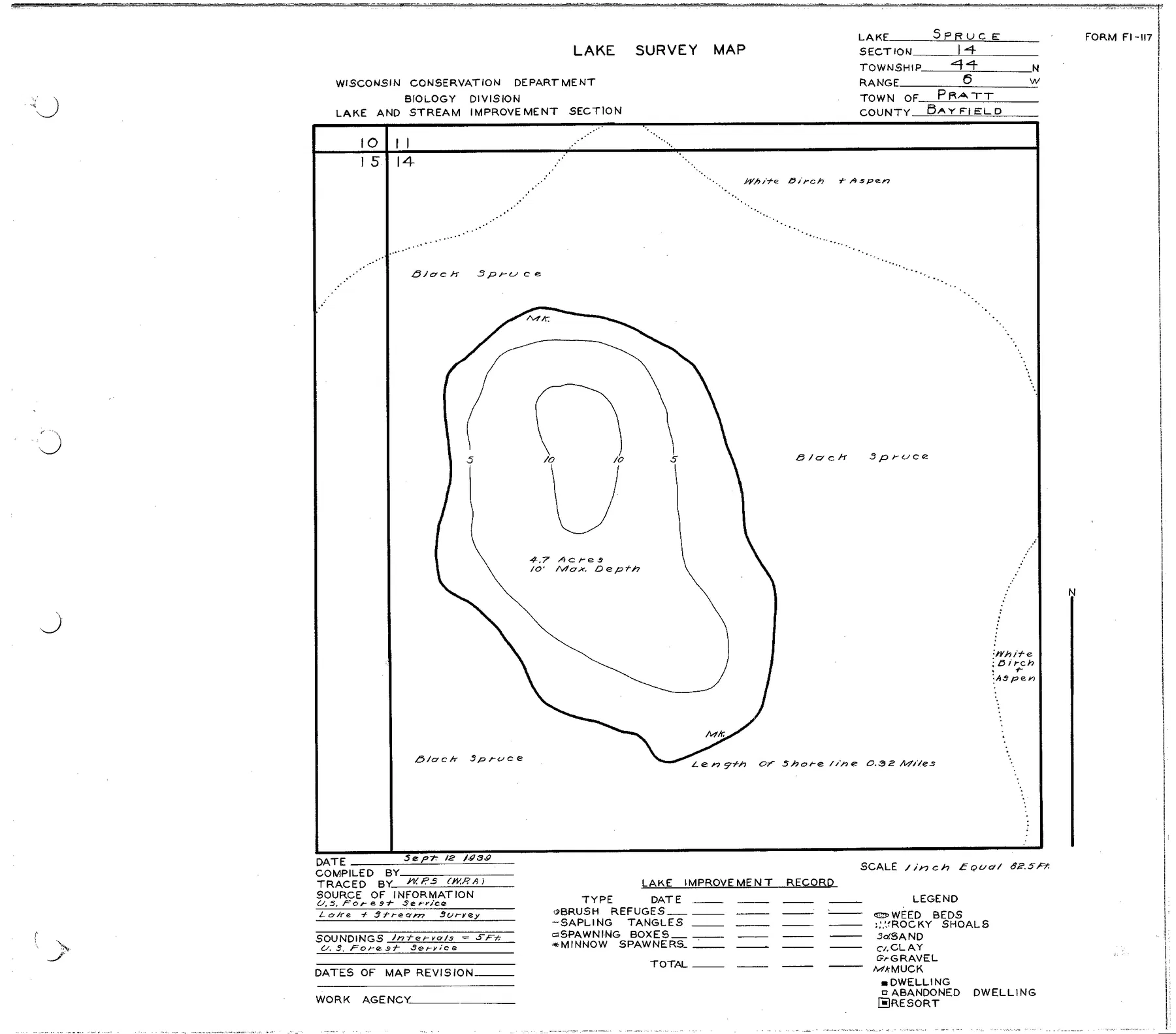 Spruce Lake historical Wisconsin DNR depth map sheet 1