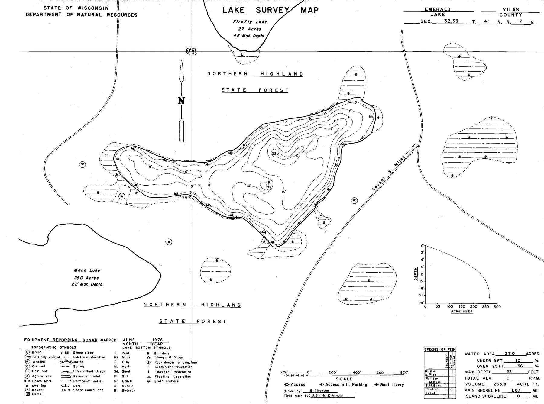 Emerald Lake historical Wisconsin DNR depth map sheet 1