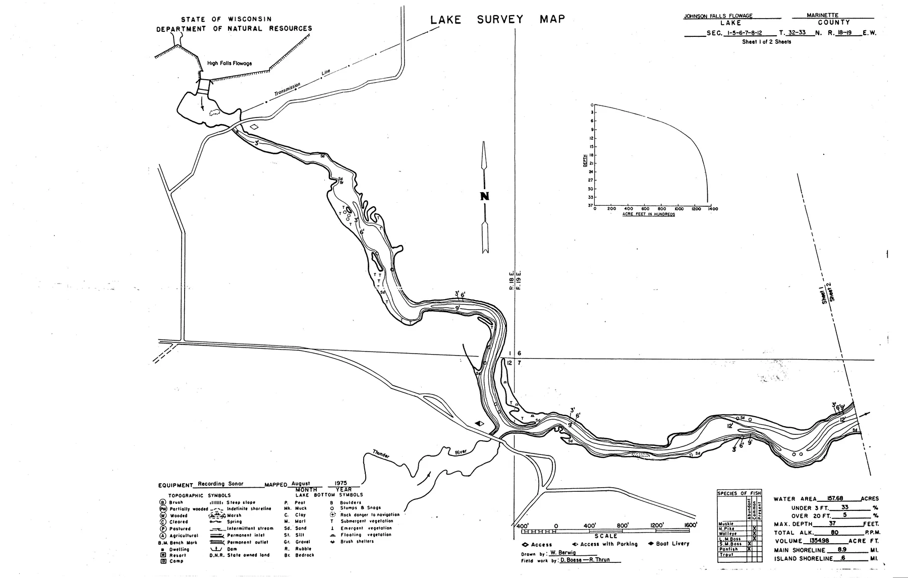 Johnson Falls Flowage 647 historical Wisconsin DNR depth map sheet 1