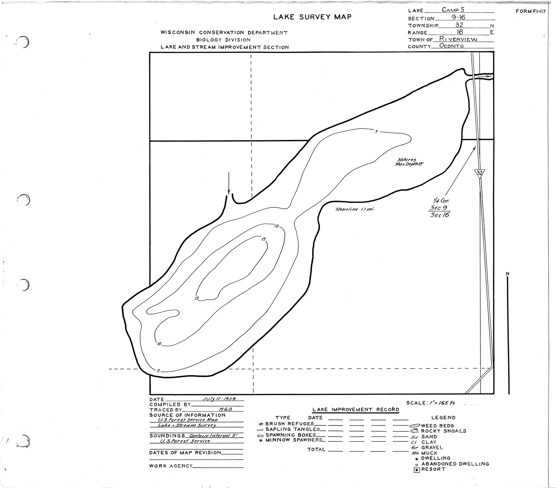 Camp Five Lake historical Wisconsin DNR depth map sheet 1