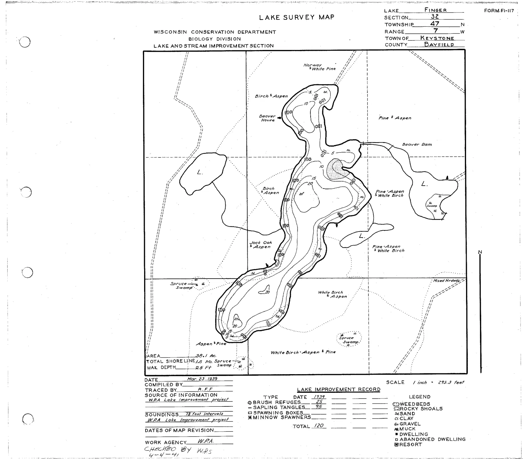 Finger Lake historical Wisconsin DNR depth map sheet 1