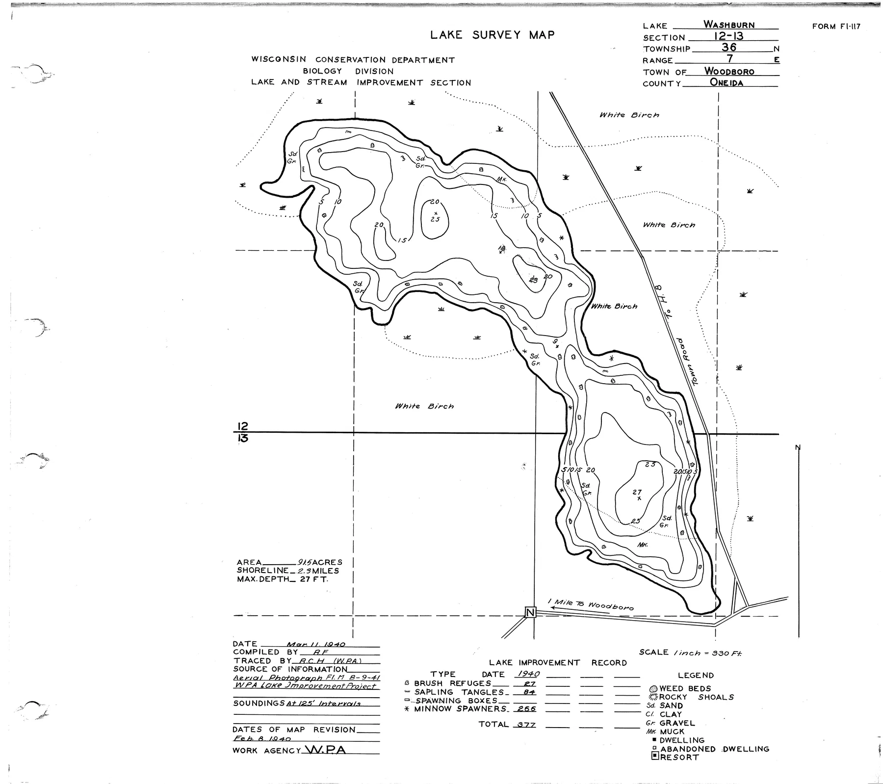 Washburn Lake historical Wisconsin DNR depth map sheet 1