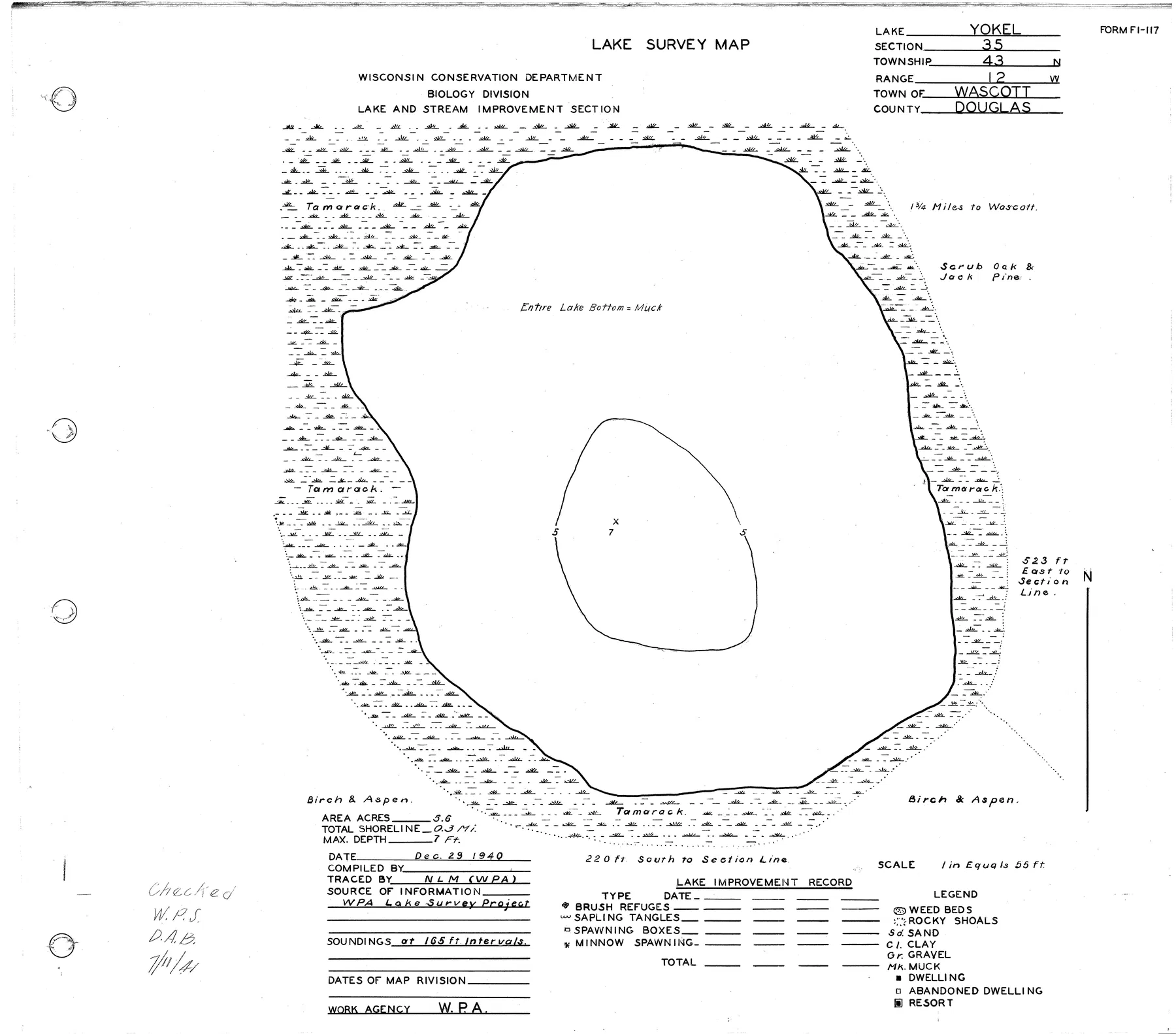 Yoekel Lake historical Wisconsin DNR depth map sheet 1