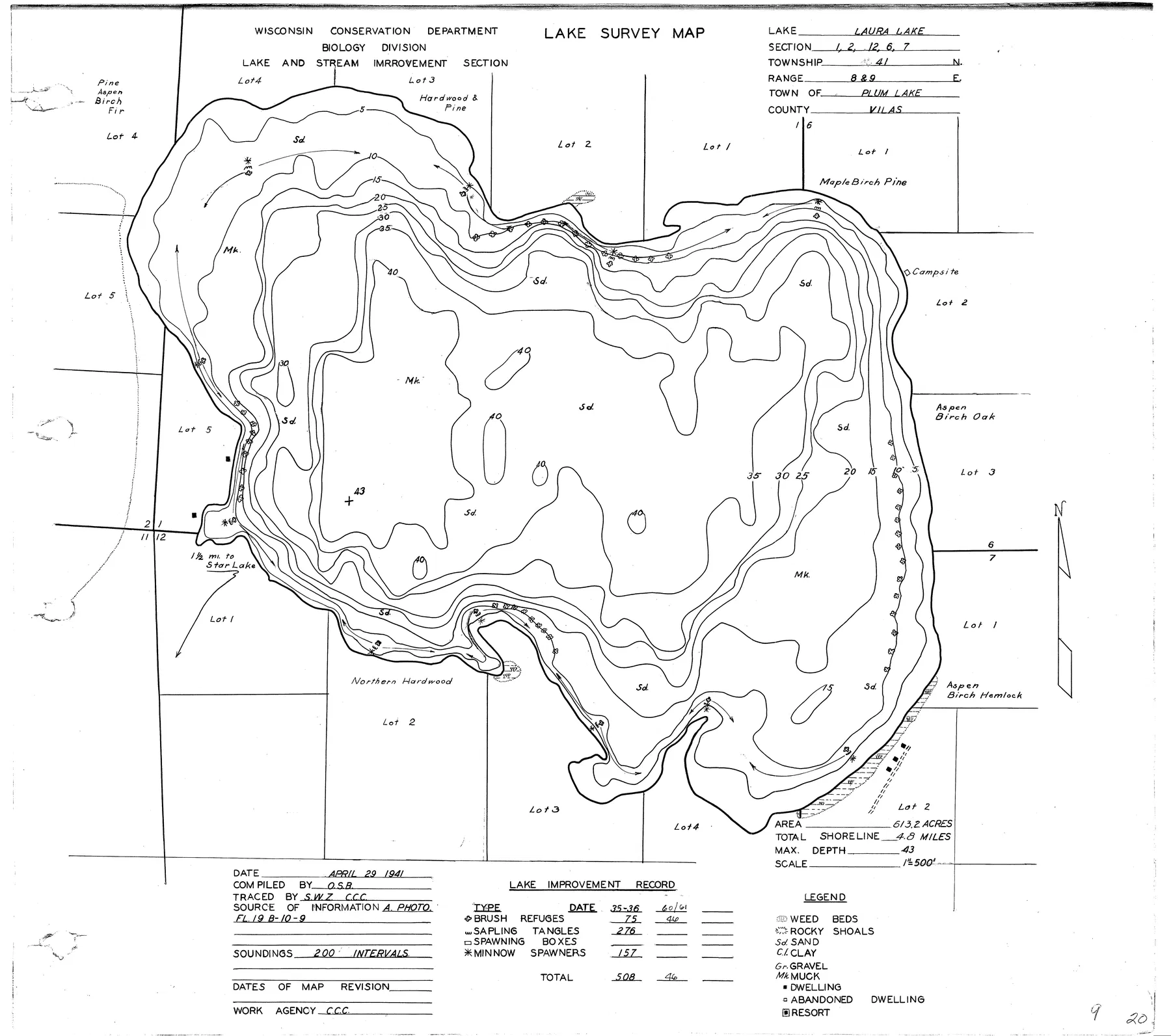 Lake Laura historical Wisconsin DNR depth map sheet 1
