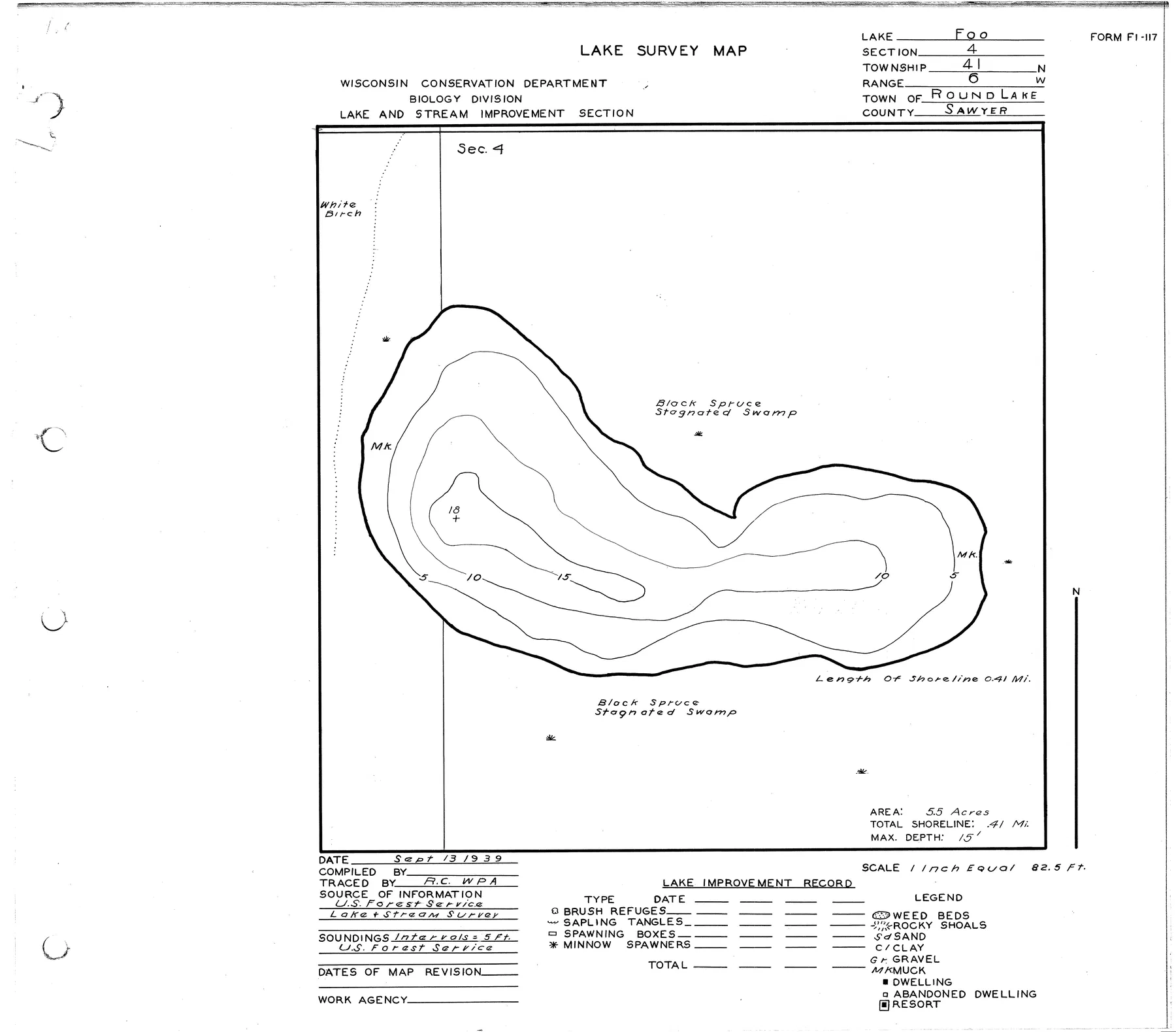 Foo Lake historical Wisconsin DNR depth map sheet 1