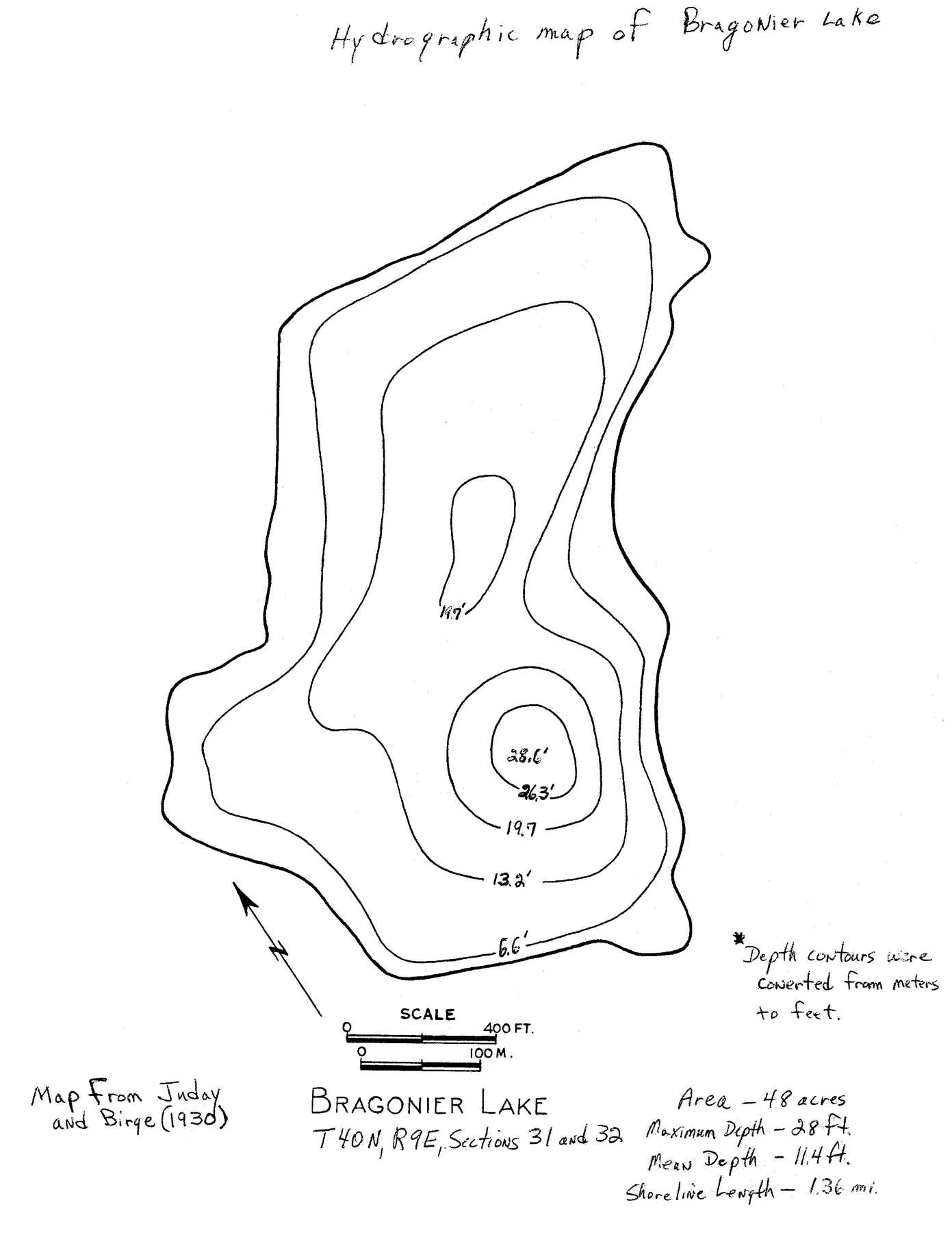Bragonier Lake historical Wisconsin DNR depth map sheet 1
