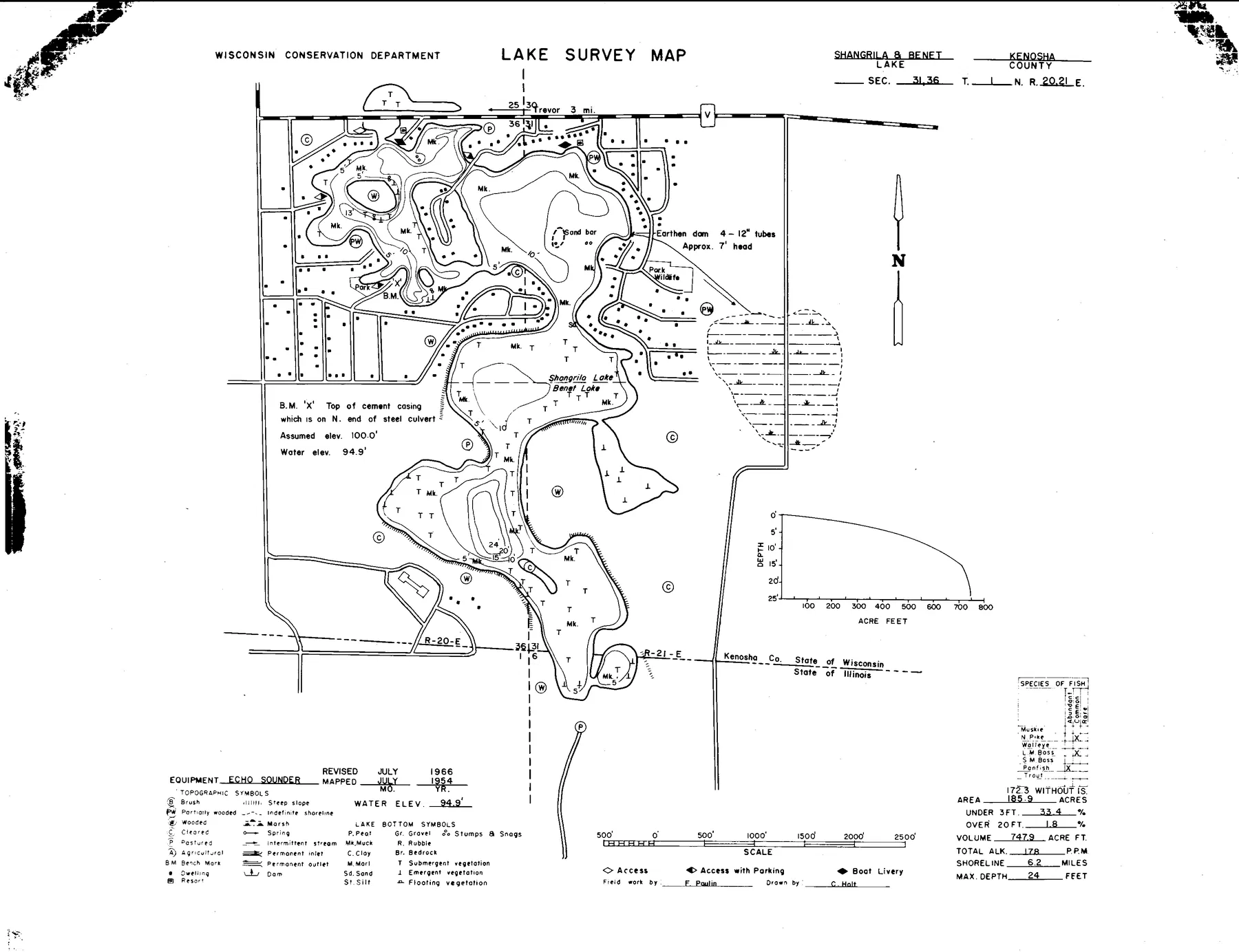 Lake Shangrila historical Wisconsin DNR depth map sheet 1