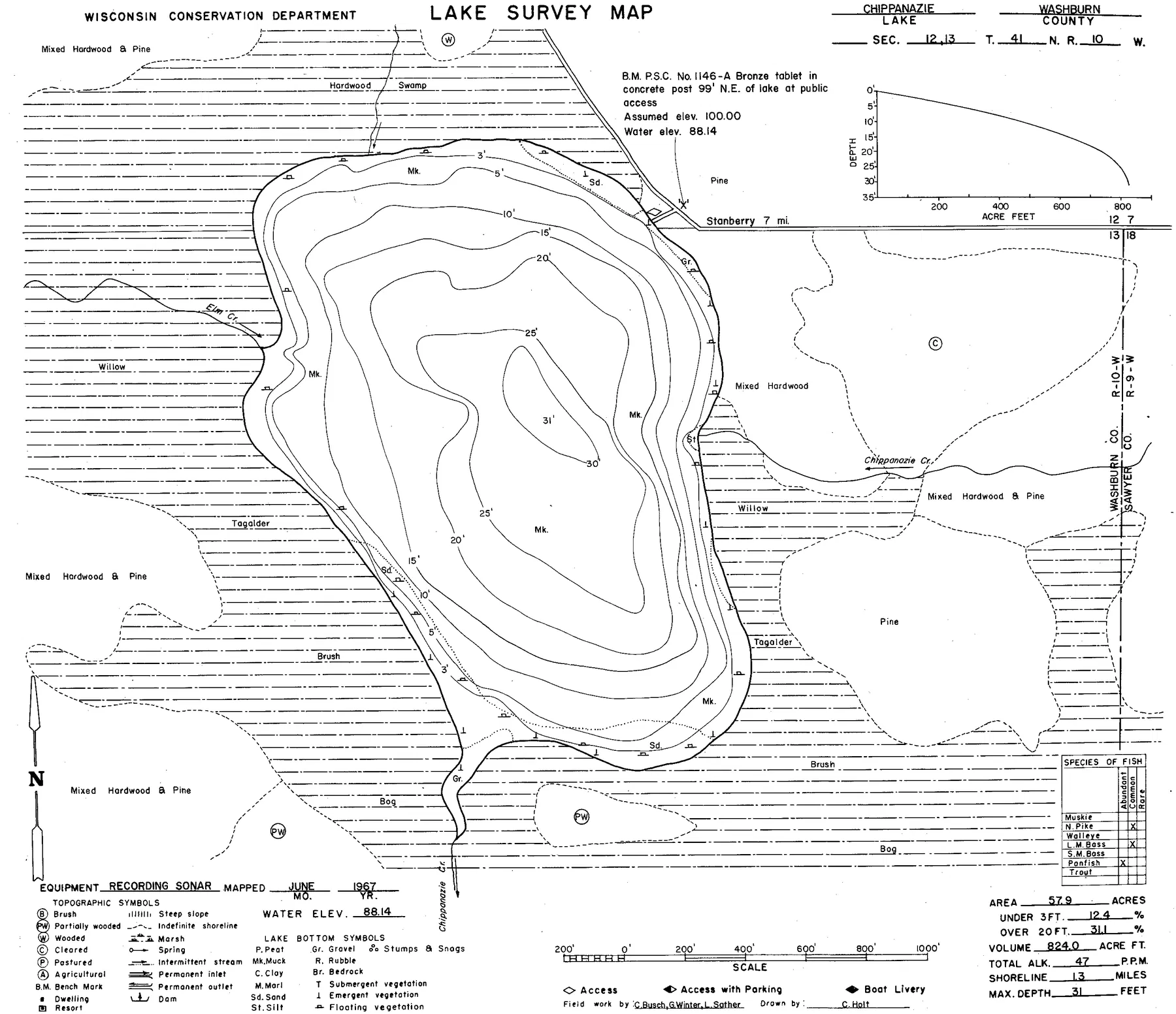 Chippanazie Lake historical Wisconsin DNR depth map sheet 1