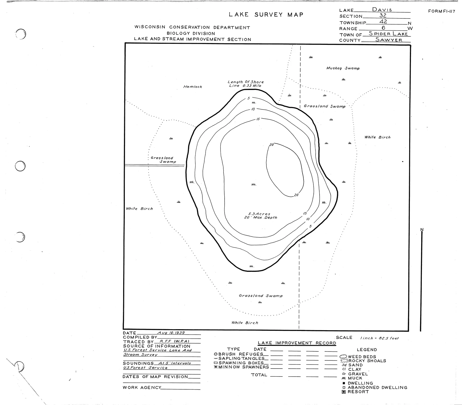 Davis Lake historical Wisconsin DNR depth map sheet 1
