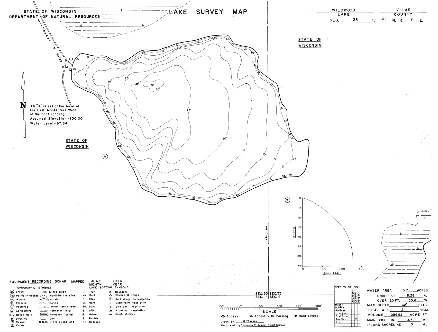Wildwood Lake historical Wisconsin DNR depth map sheet 1
