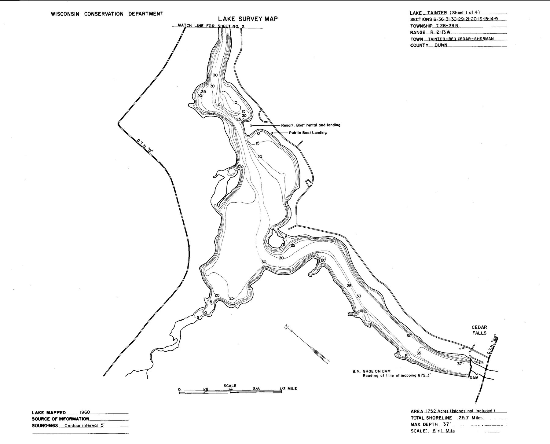 Tainter Lake historical Wisconsin DNR depth map sheet 1