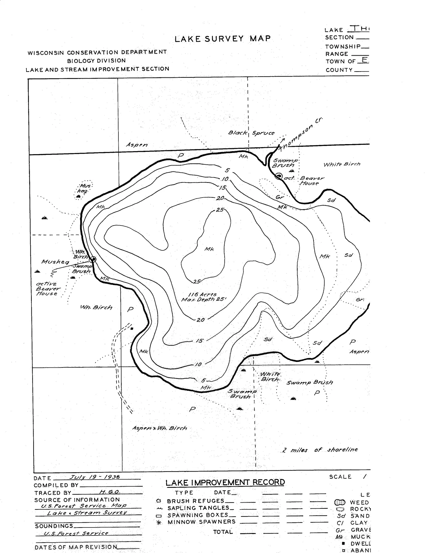 Thompson Lake historical Wisconsin DNR depth map sheet 2