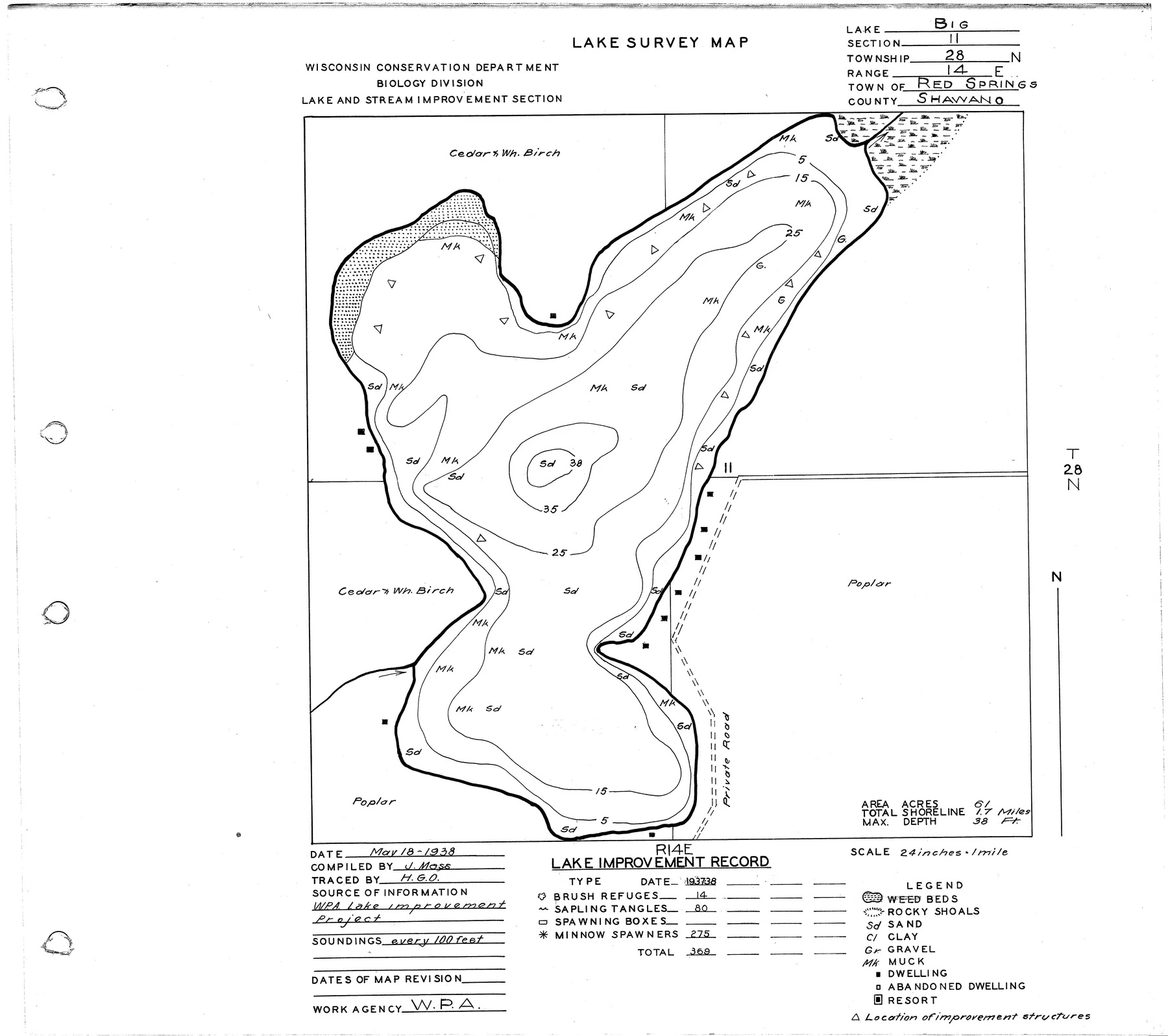 Big Lake historical Wisconsin DNR depth map sheet 1