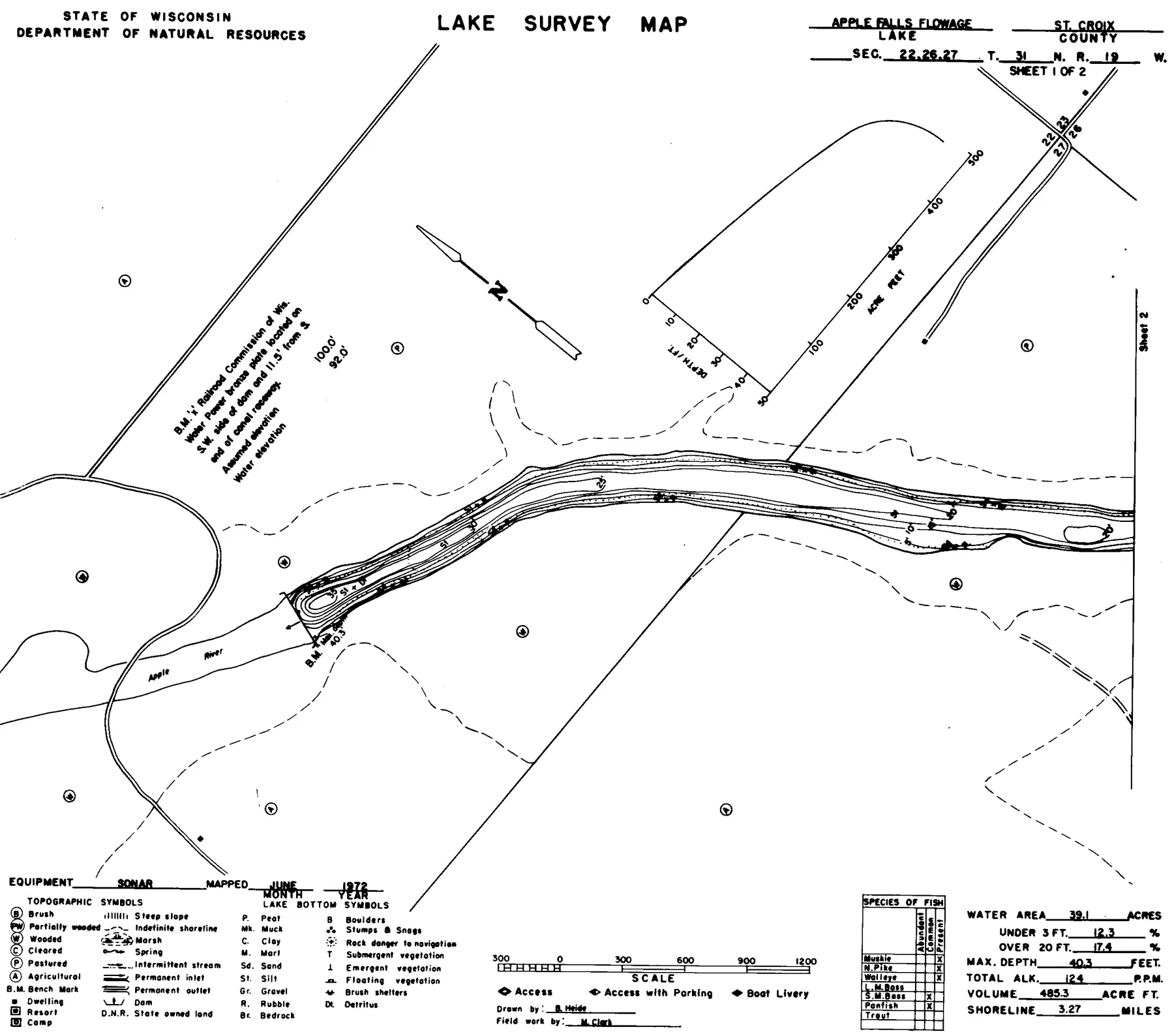 Apple Falls Flowage historical Wisconsin DNR depth map sheet 1