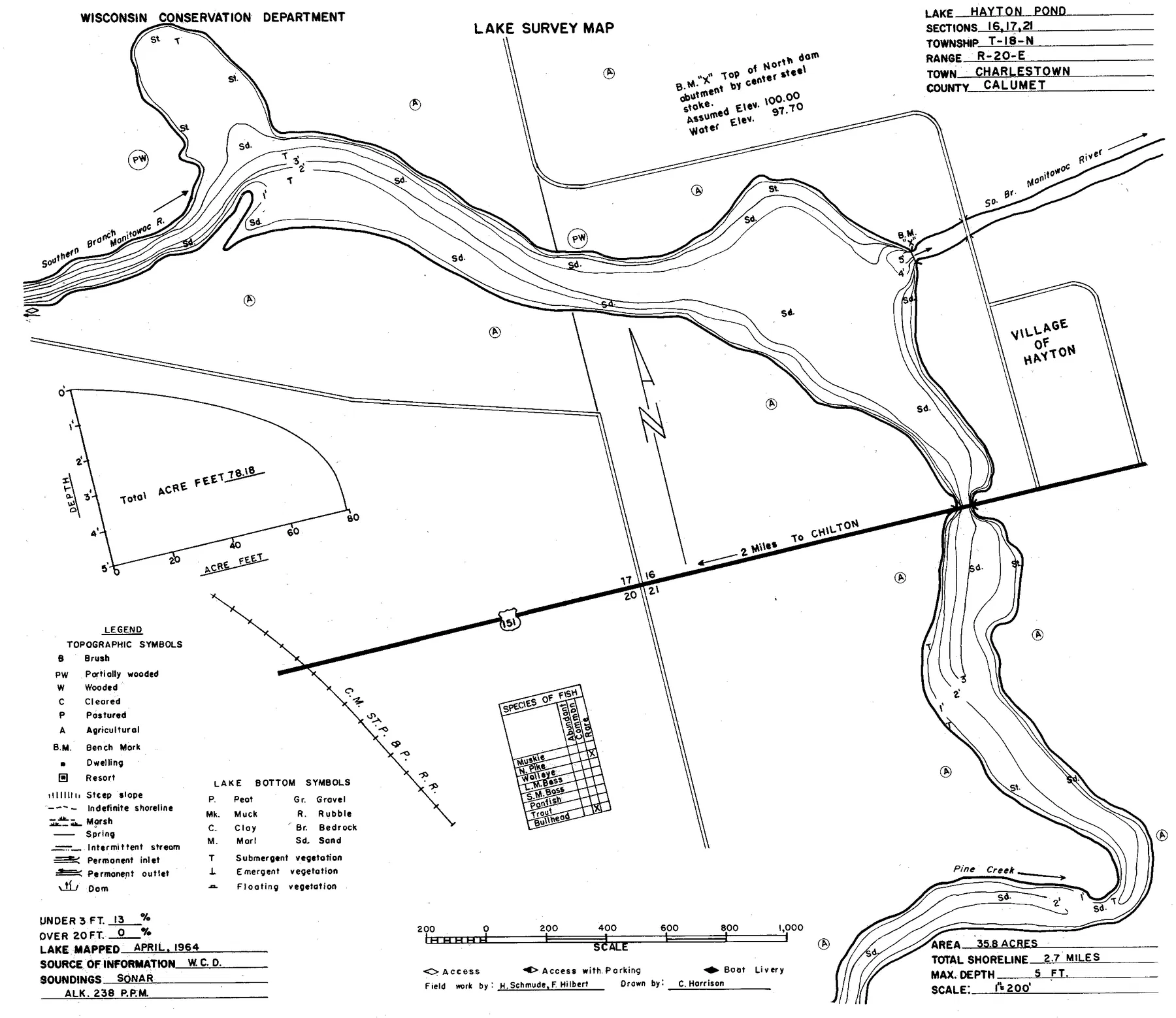 Hayton Pond 104 historical Wisconsin DNR depth map sheet 1