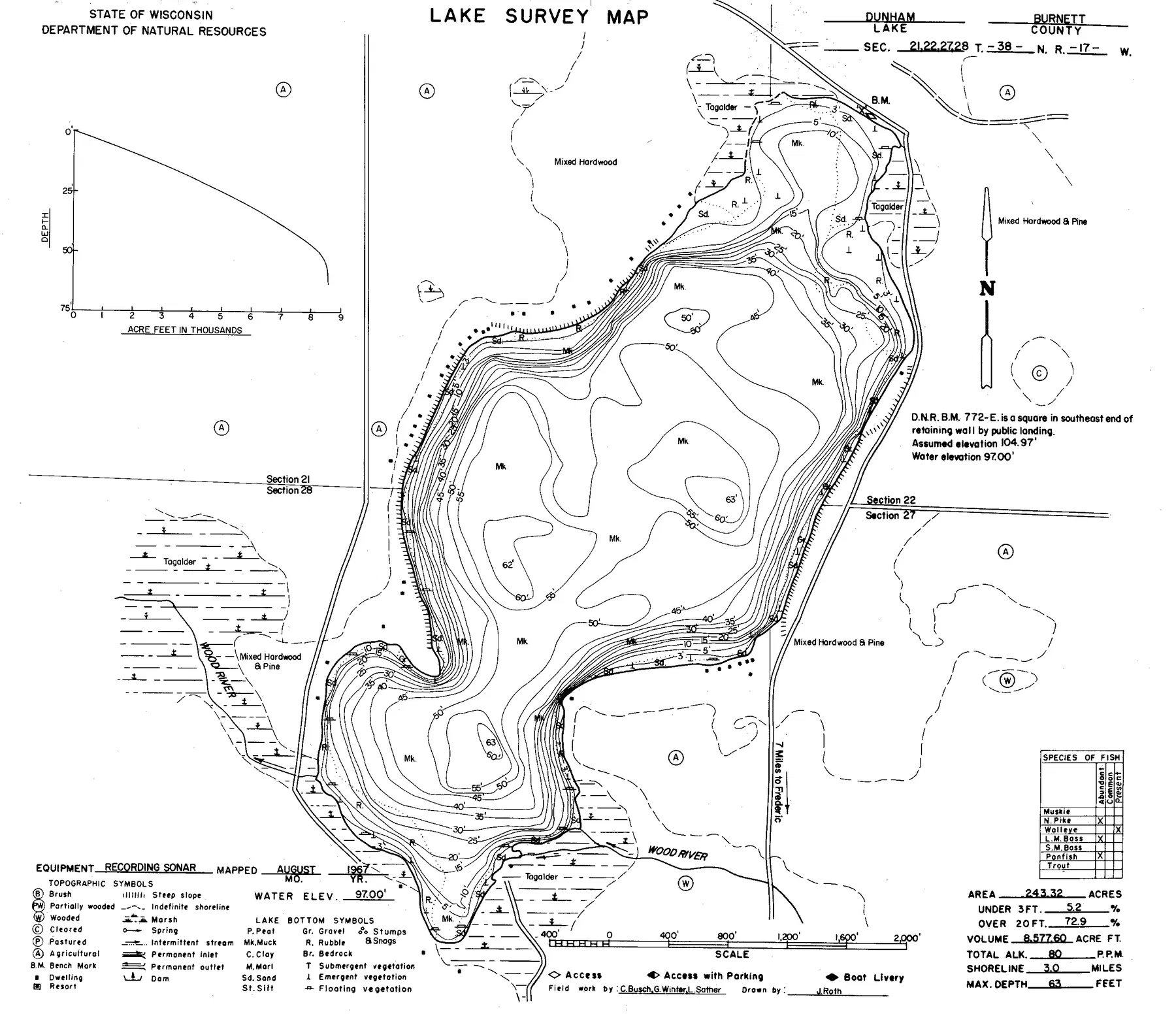 Dunham Lake historical Wisconsin DNR depth map sheet 1
