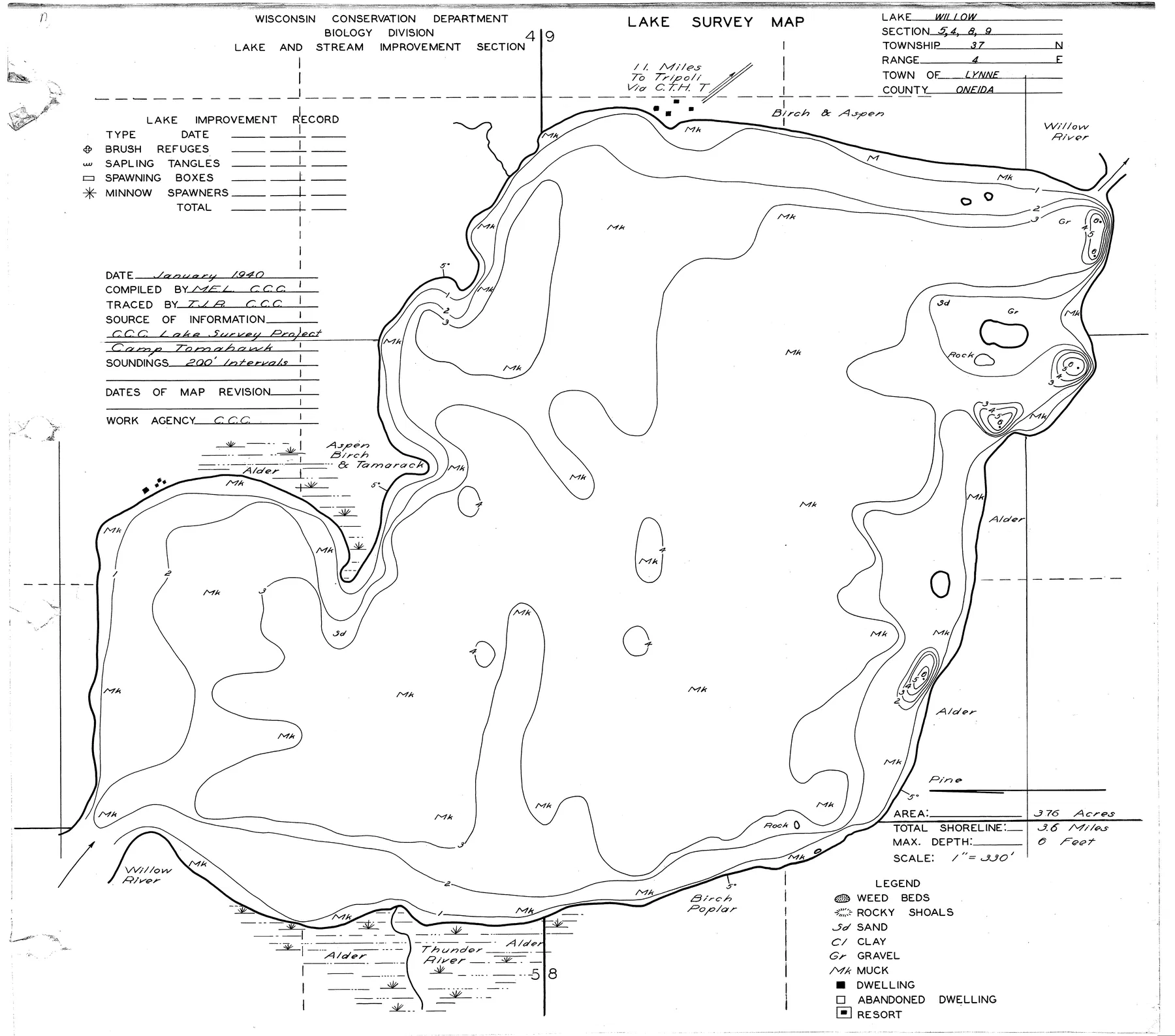Willow Lake historical Wisconsin DNR depth map sheet 1