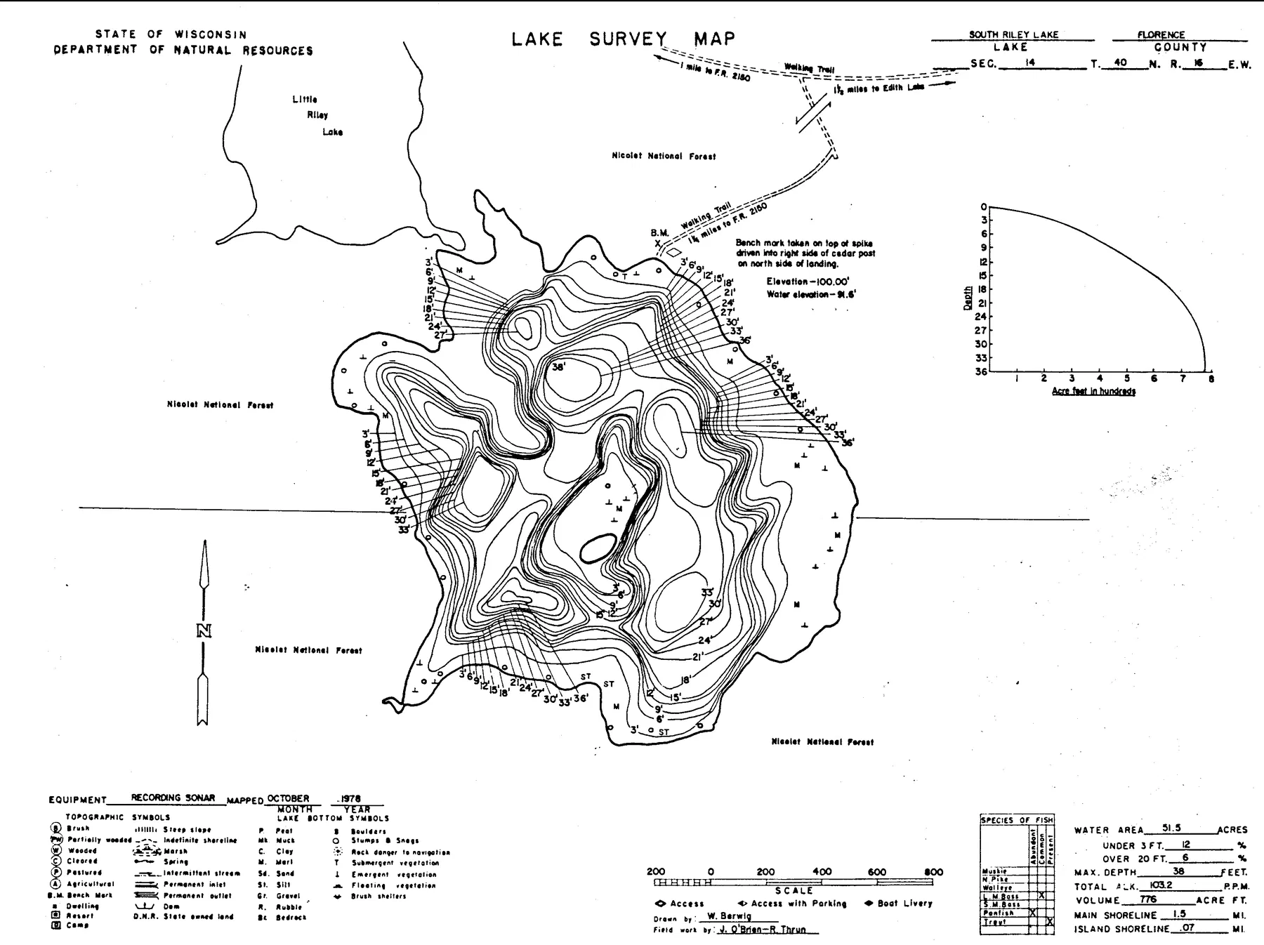 Riley Lake historical Wisconsin DNR depth map sheet 1