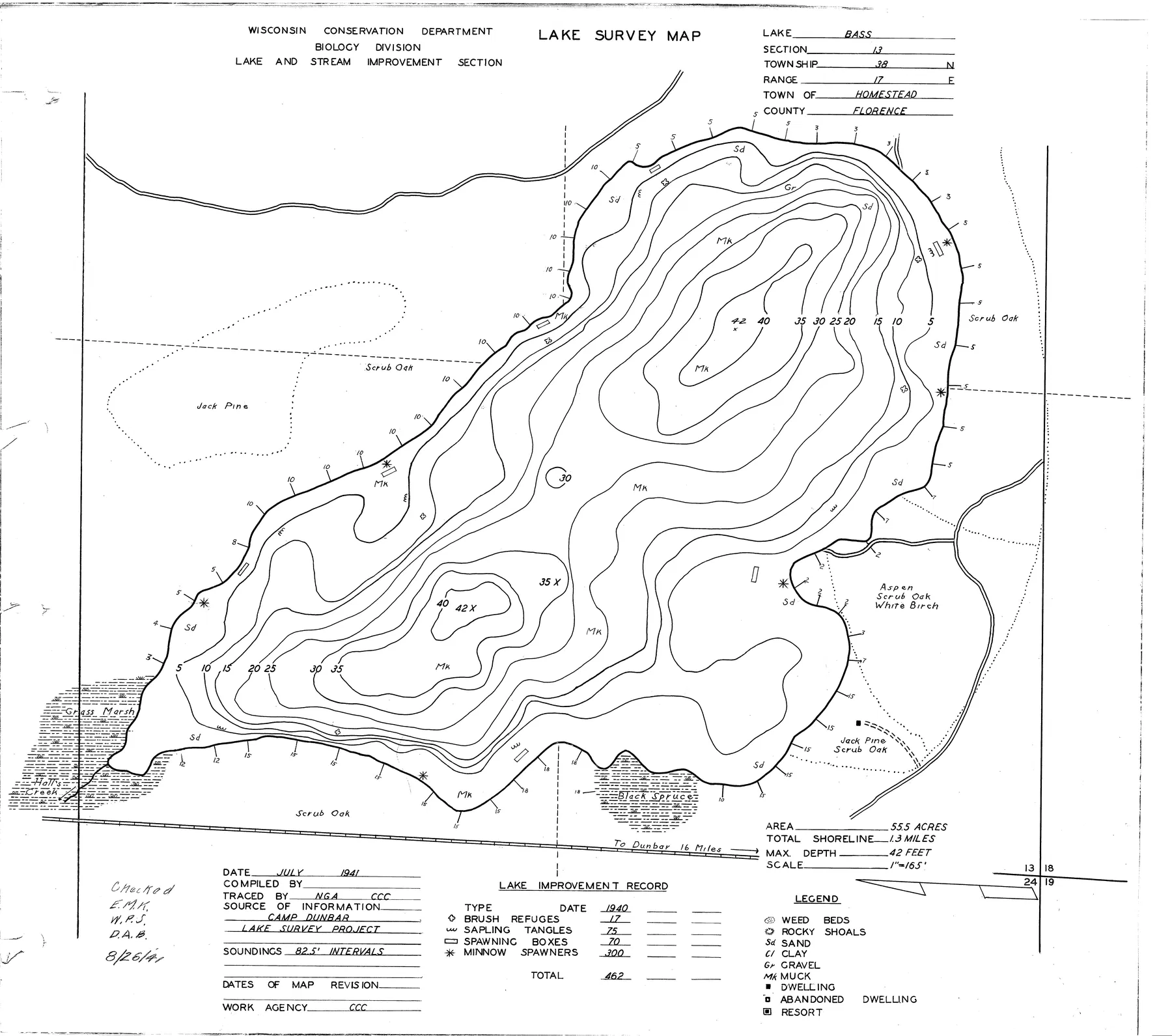 Bass Lake historical Wisconsin DNR depth map sheet 1