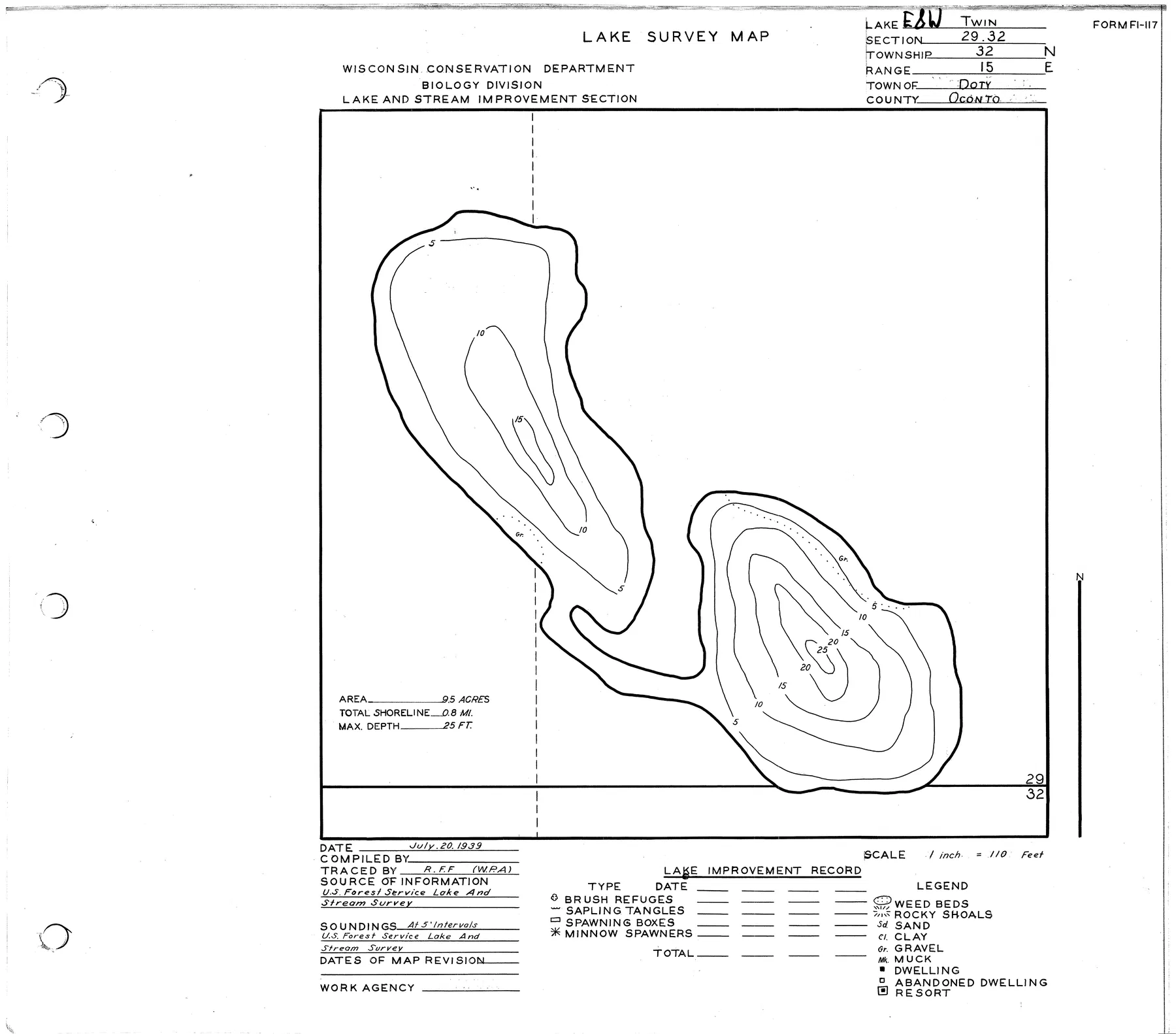 Twin Lakes historical Wisconsin DNR depth map sheet 1