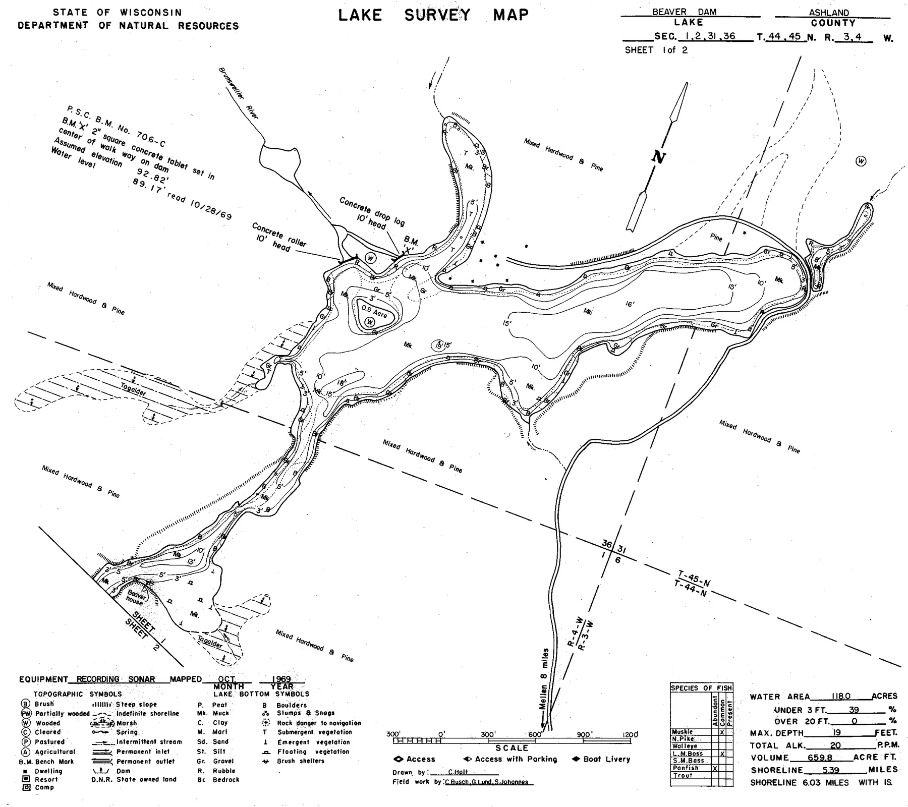 Beaverdam Lake historical Wisconsin DNR depth map sheet 1