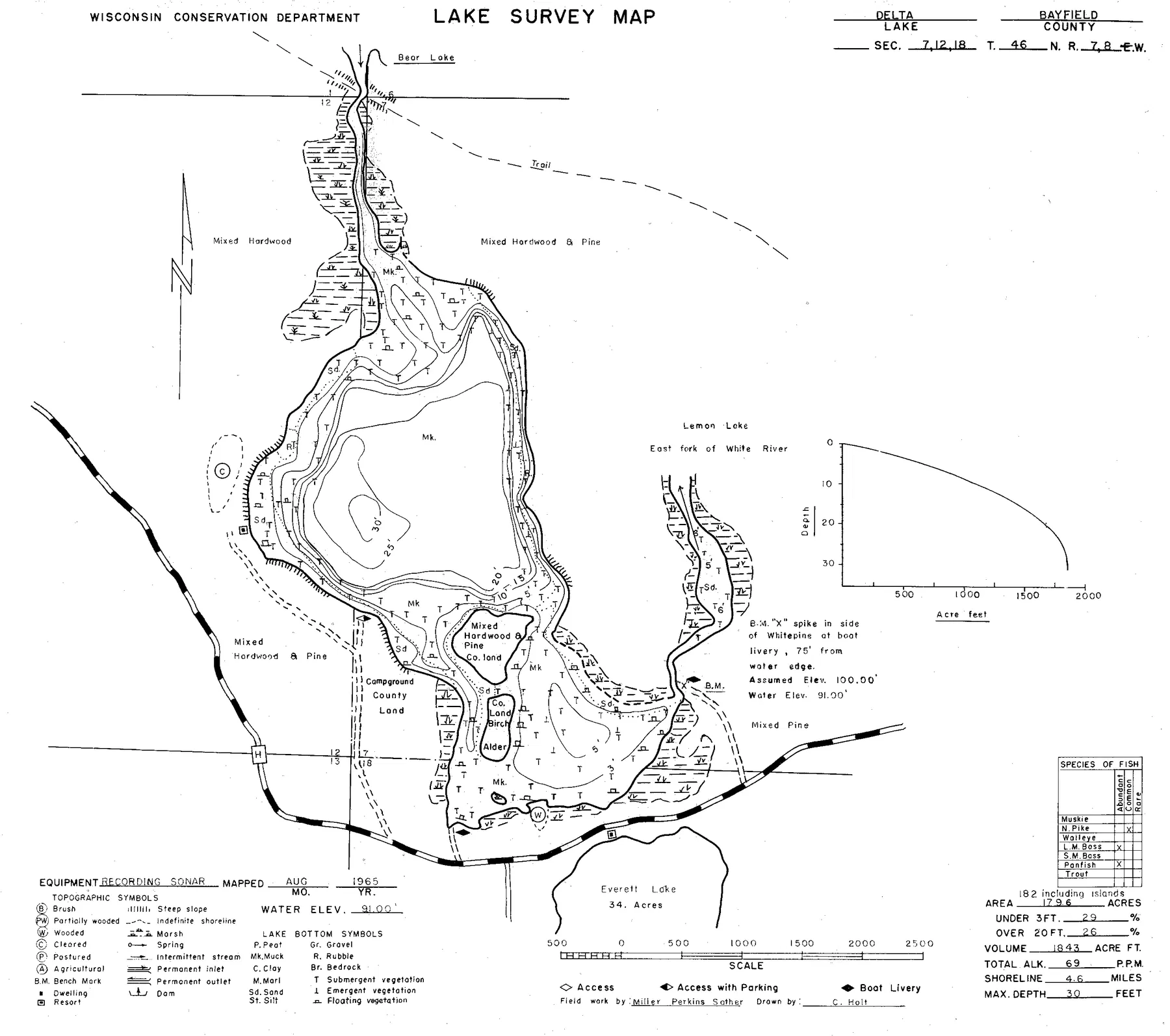 Lake Delta historical Wisconsin DNR depth map sheet 1