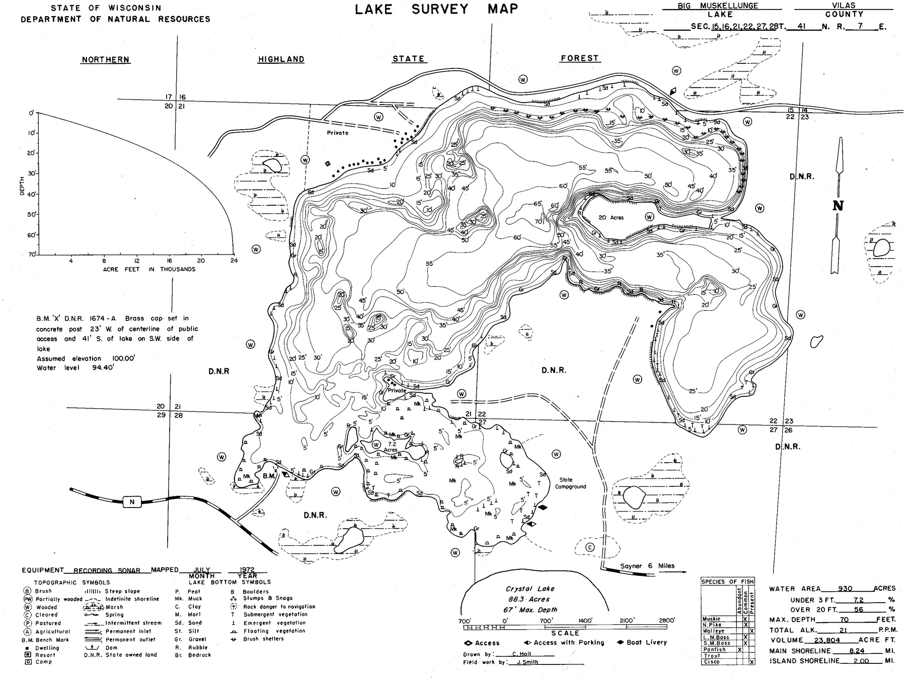 Big Muskellunge Lake historical Wisconsin DNR depth map sheet 1