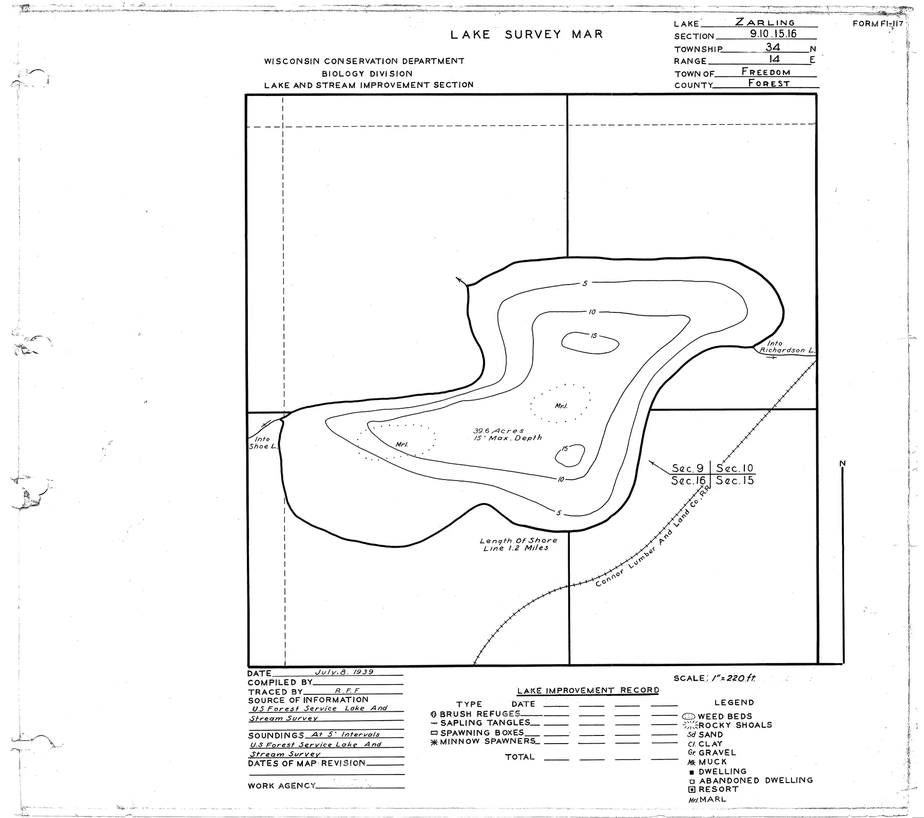 Zarling Lake historical Wisconsin DNR depth map sheet 1