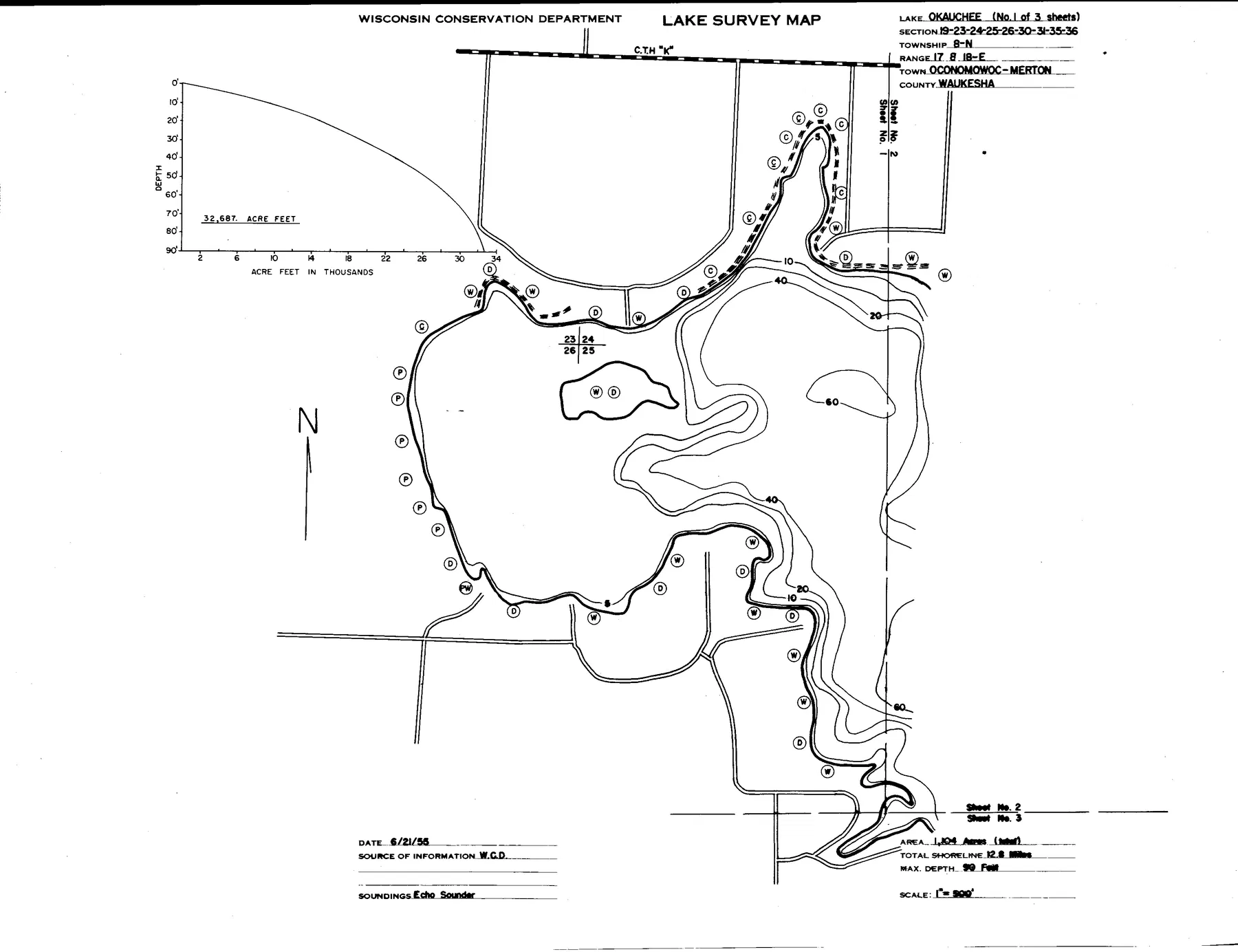 Okauchee Lake historical Wisconsin DNR depth map sheet 1