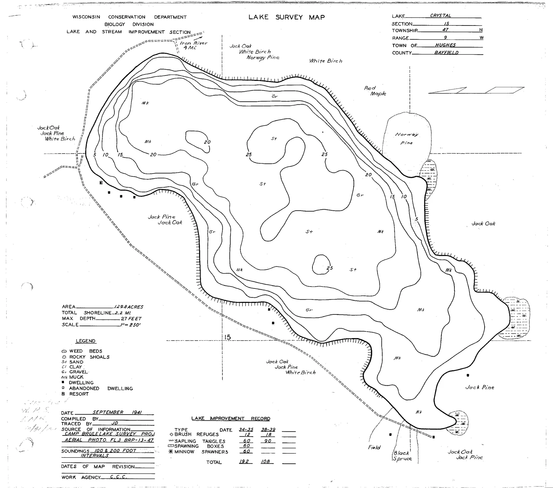 Crystal Lake historical Wisconsin DNR depth map sheet 1