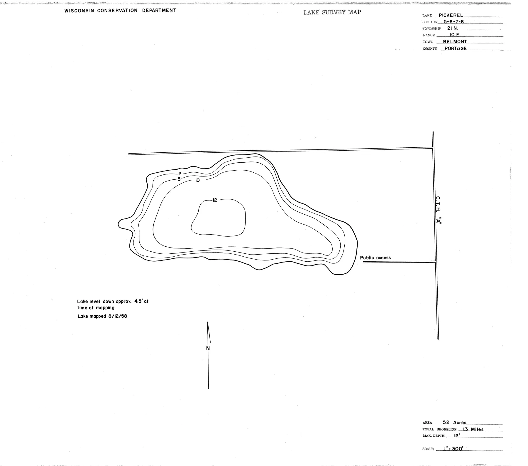 Pickerel Lake historical Wisconsin DNR depth map sheet 1