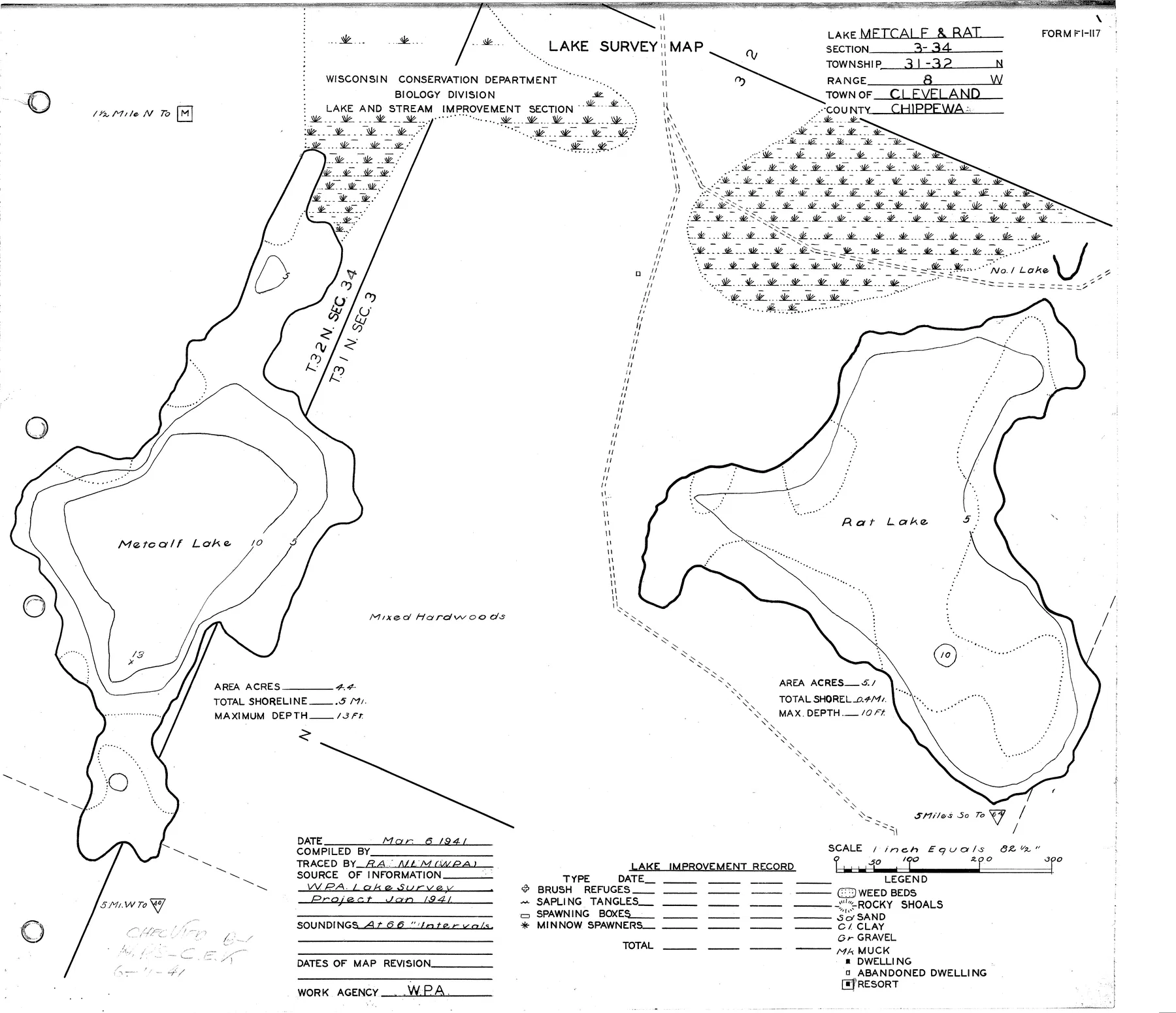 Metcalf Lake historical Wisconsin DNR depth map sheet 1