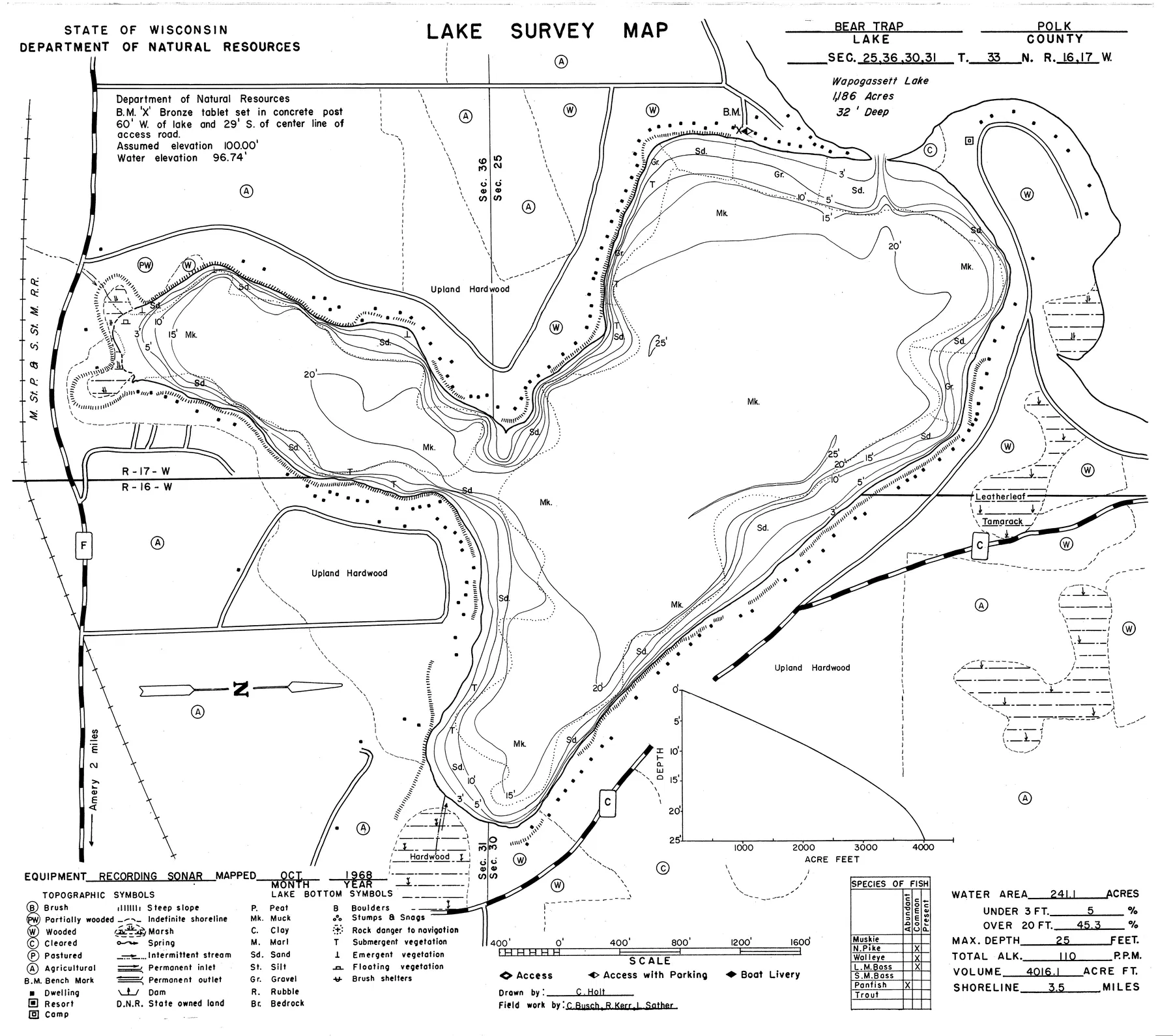 Bear Trap Lake historical Wisconsin DNR depth map sheet 1