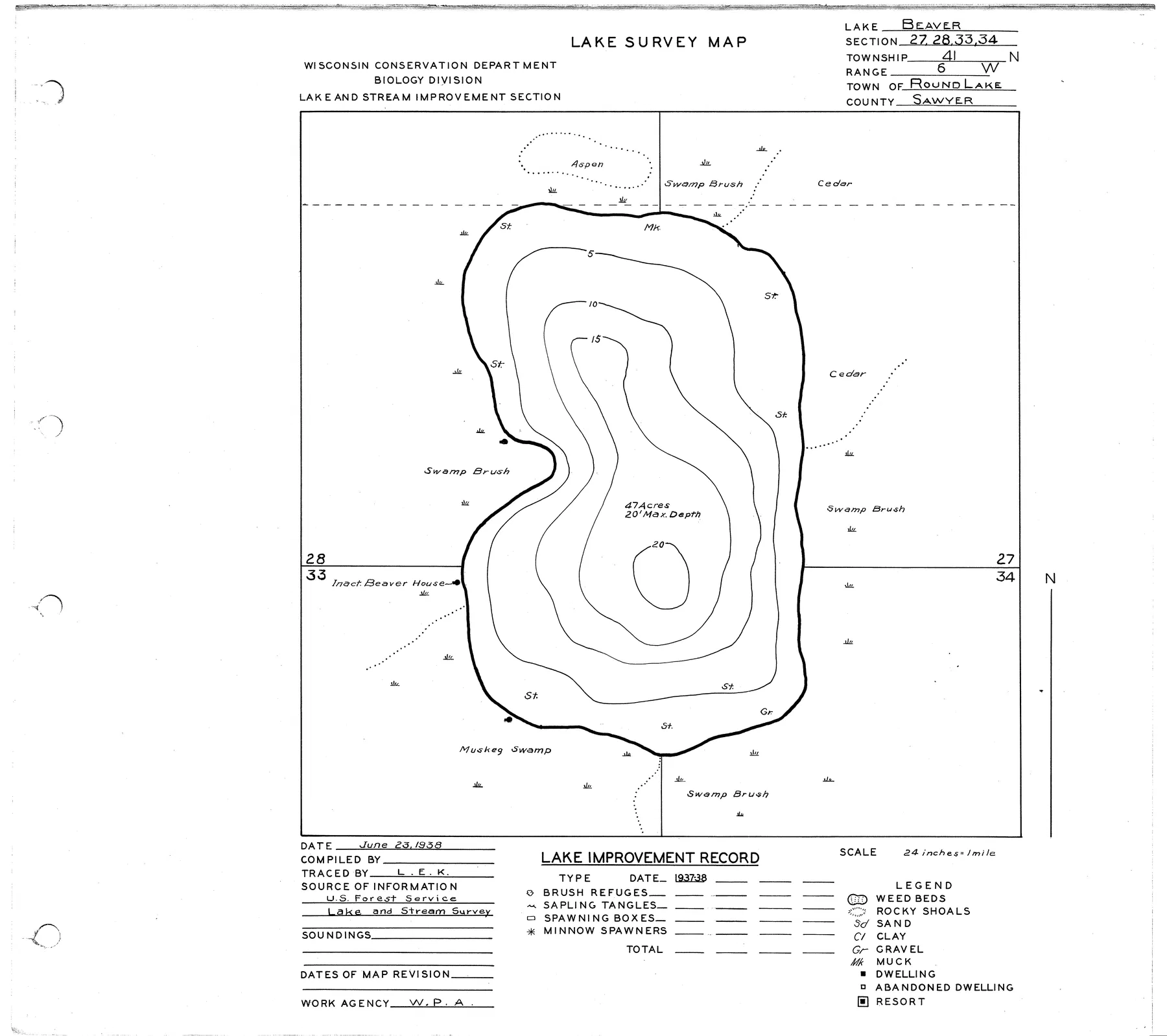 Beaver Lake historical Wisconsin DNR depth map sheet 1