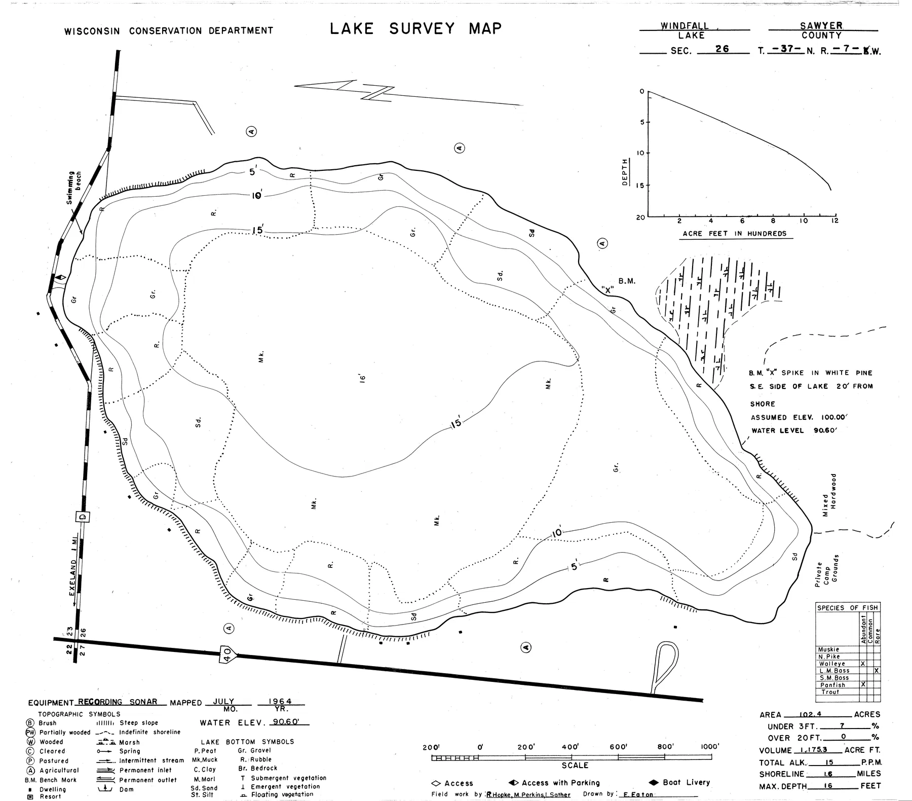Windfall Lake historical Wisconsin DNR depth map sheet 1