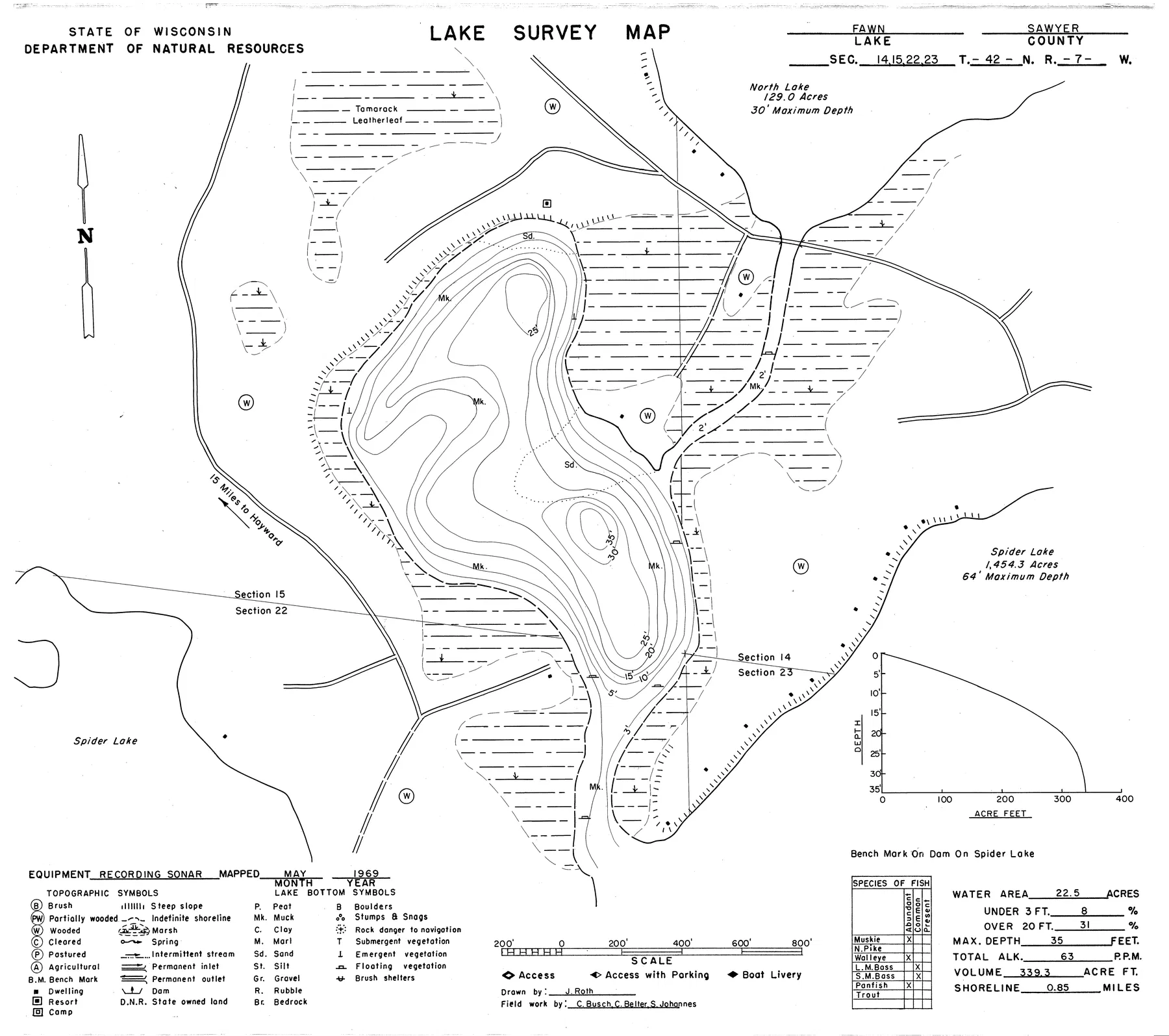 Fawn Lake historical Wisconsin DNR depth map sheet 1