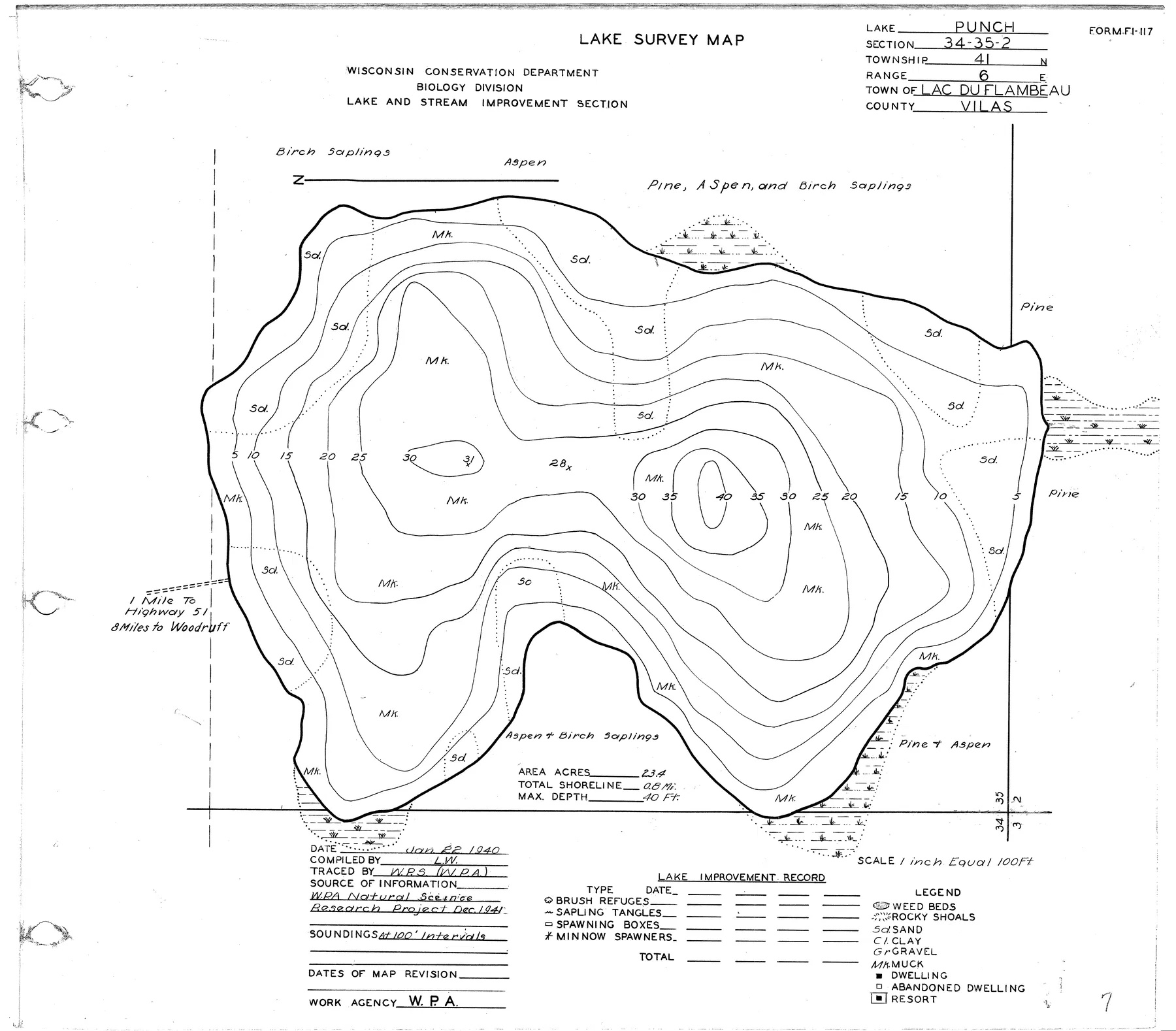 Punch Lake historical Wisconsin DNR depth map sheet 1