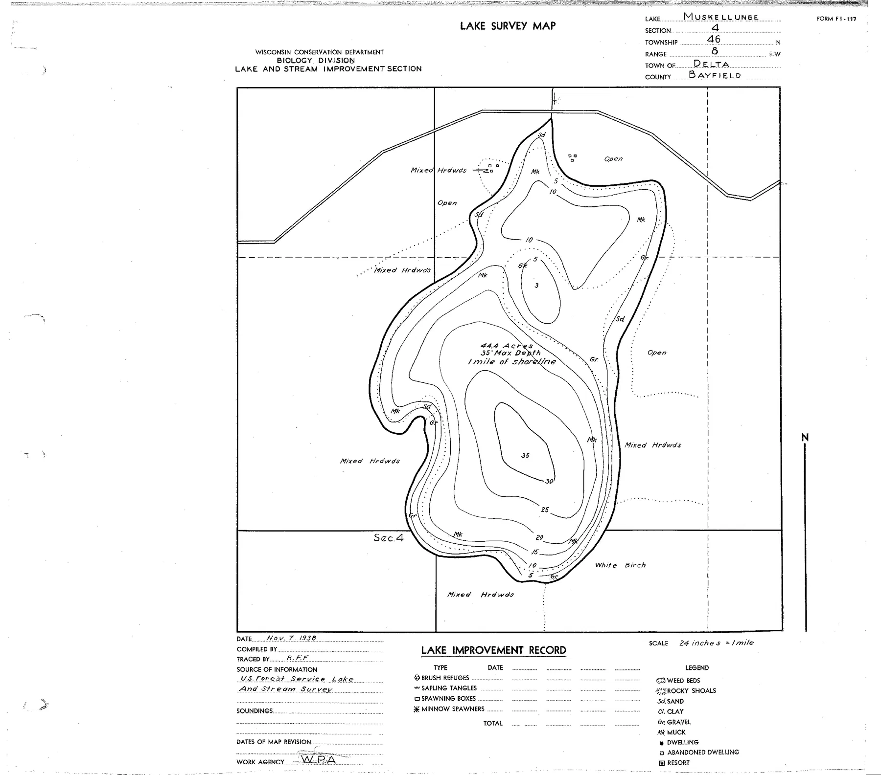 Muskellunge Lake historical Wisconsin DNR depth map sheet 1